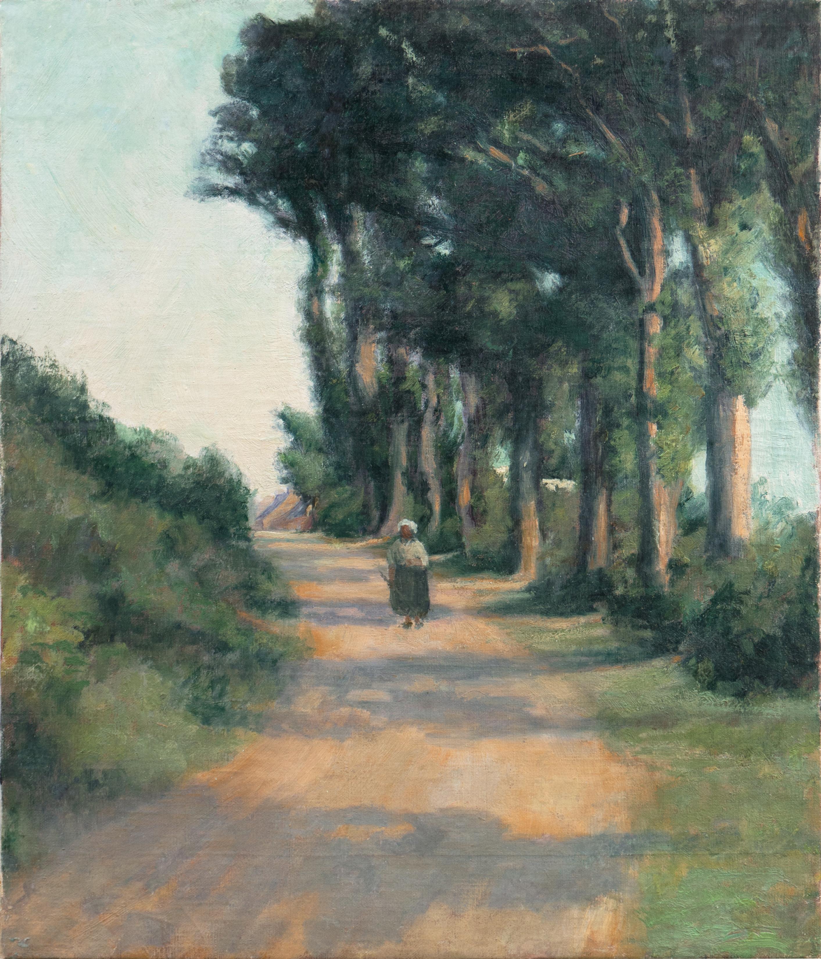 Landscape Painting American School - « Eucalyptus Road, Sunset », début du 20e siècle, paysage impressionniste américain