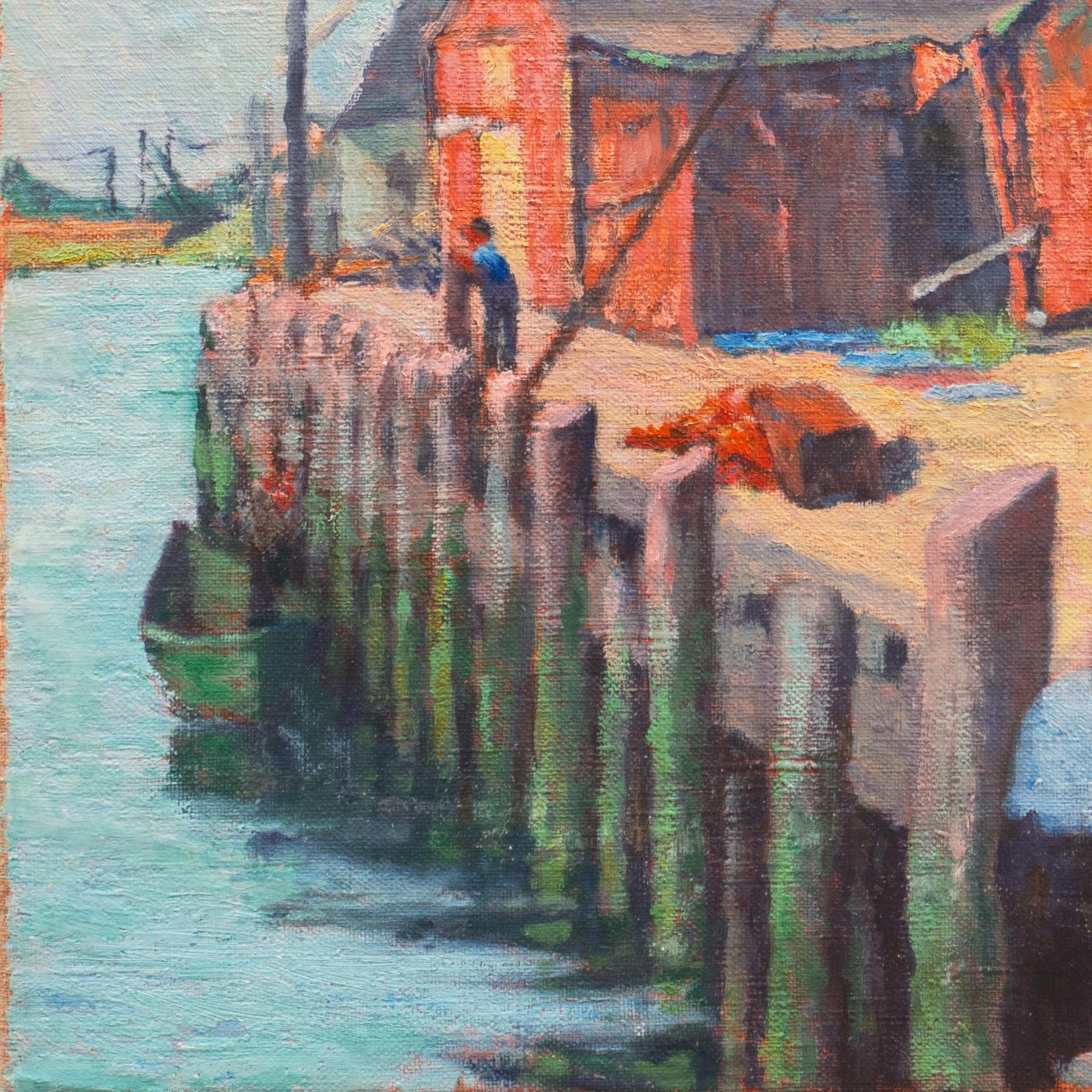 'The Old Wharf', American School Marine Figural, Nautical Oil, Industrial Harbor For Sale 2