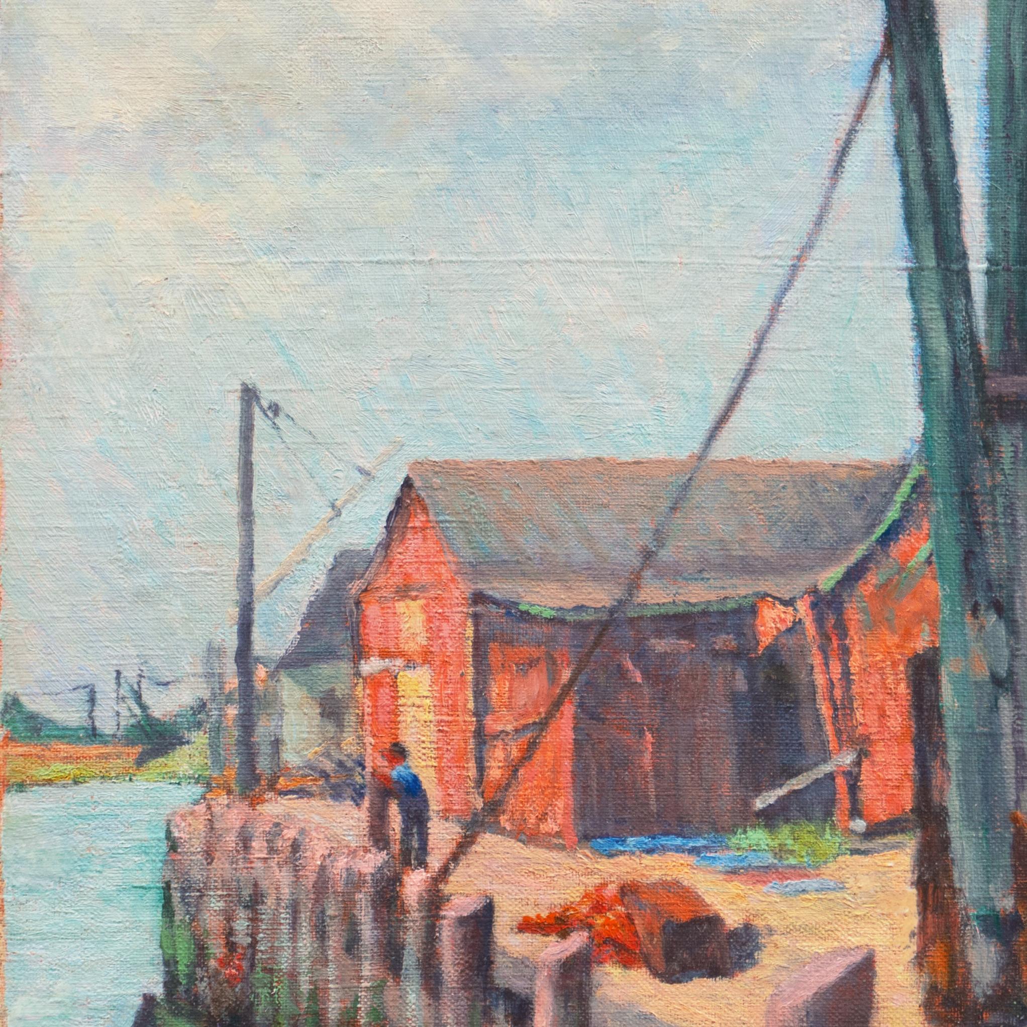 'The Old Wharf', American School Marine Figural, Nautical Oil, Industrial Harbor For Sale 4
