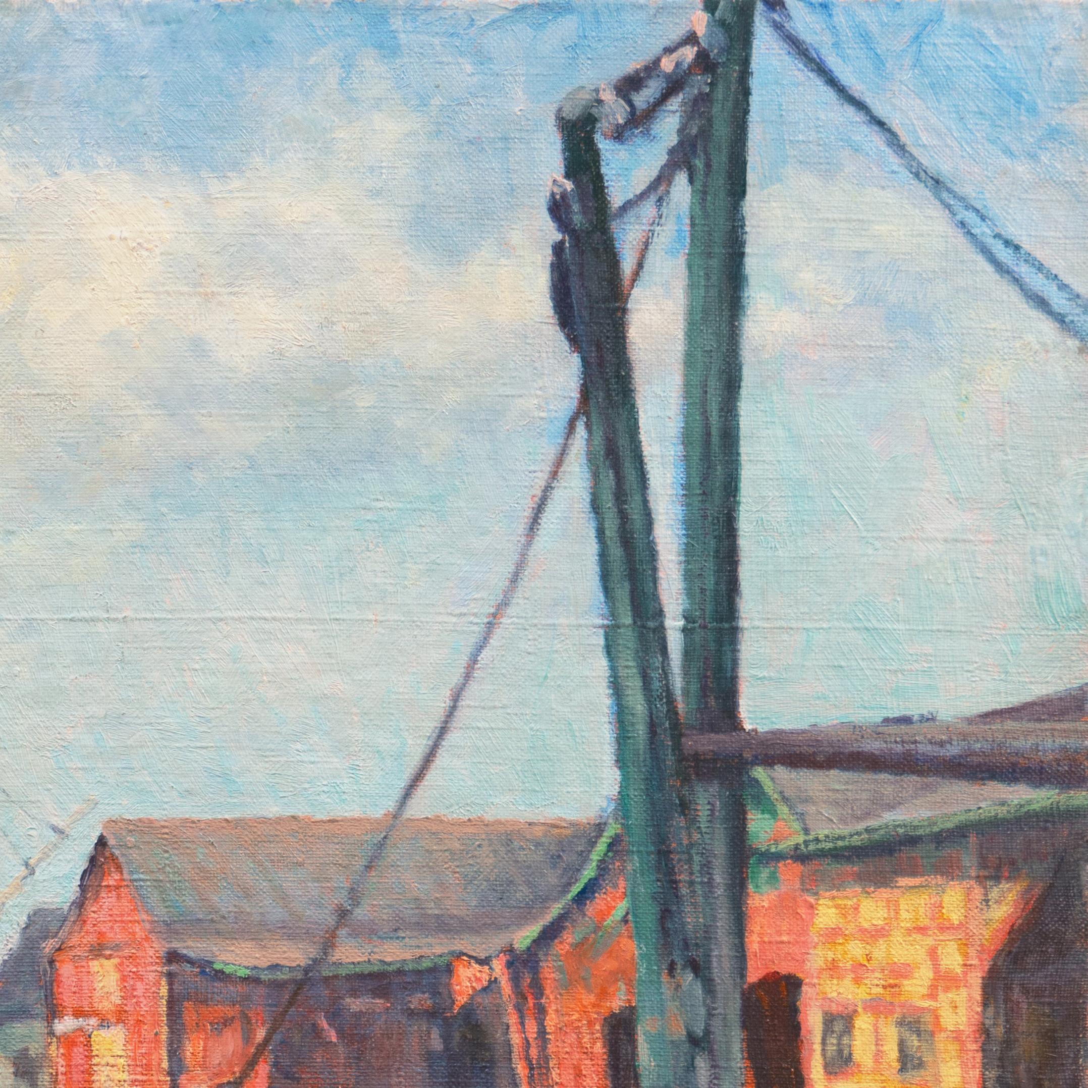 'The Old Wharf', American School Marine Figural, Nautical Oil, Industrial Harbor For Sale 5