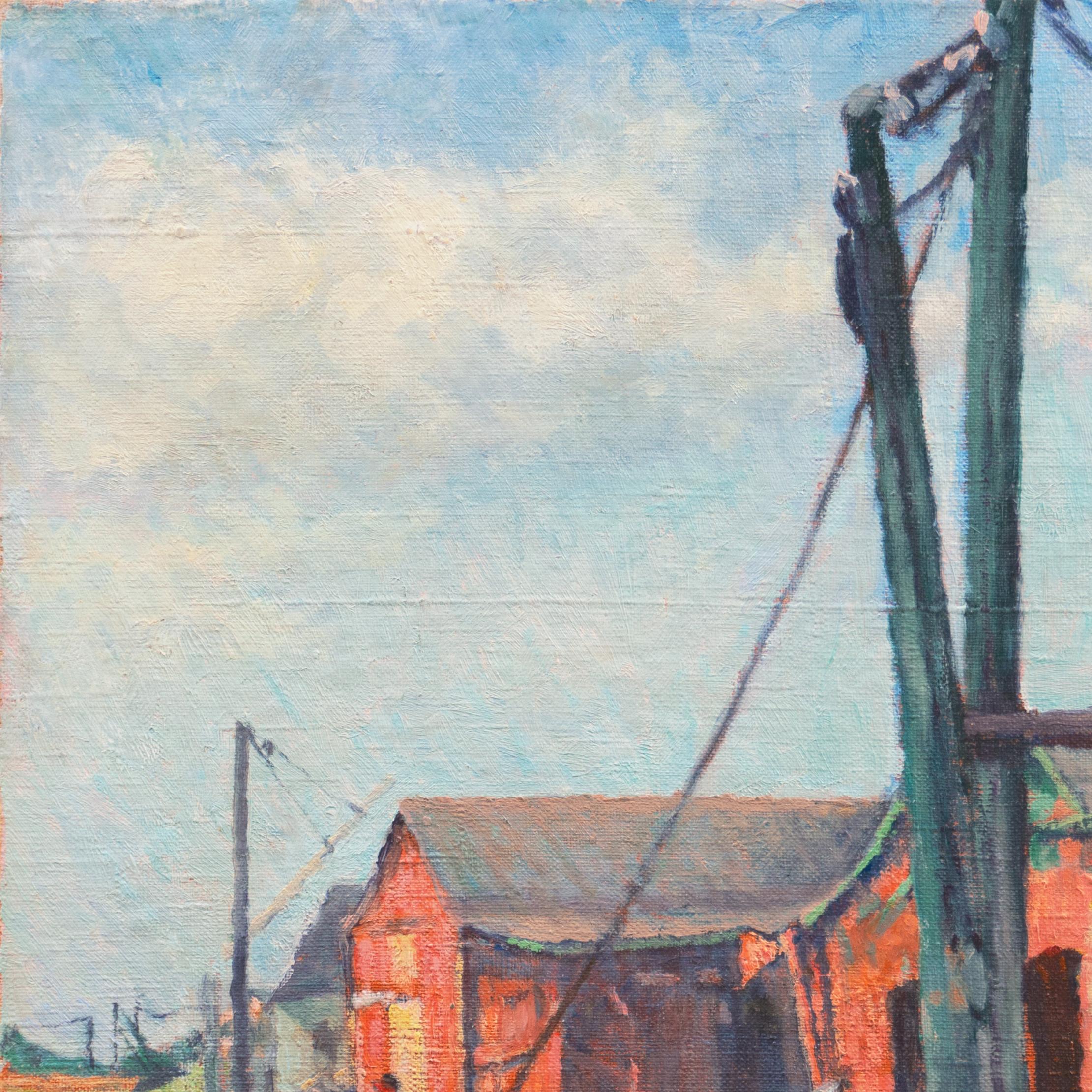 An unsigned, early twentieth century oil showing a view of an old wooden wharf with longshoremen working.  A well-composed work by an anonymous but skilled hand; painted circa 1925.