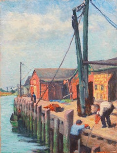 'The Old Wharf', American School Marine Figural, Nautical Oil, Industrial Harbor