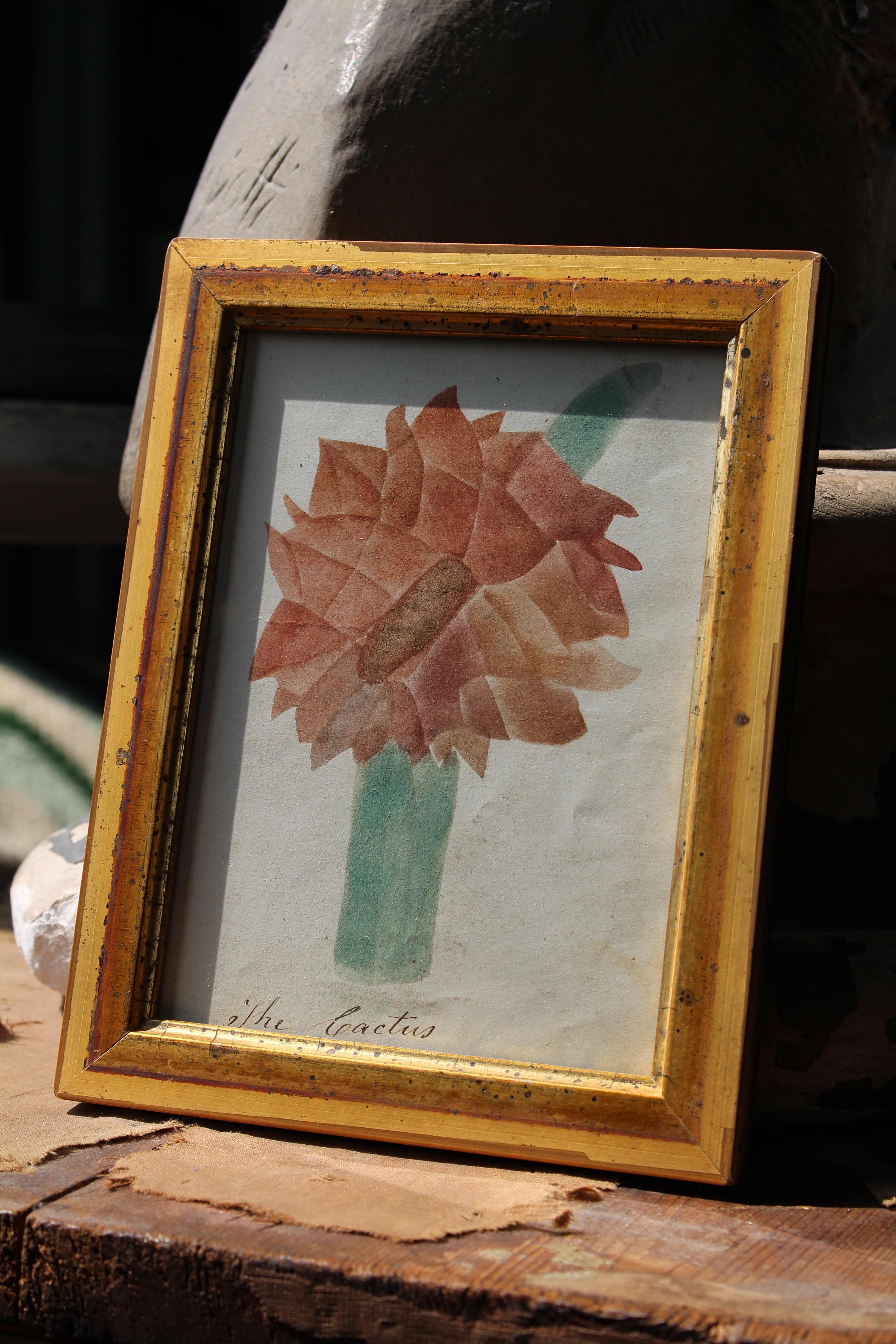 Escuela Americana Circa 1840 Teorema Pintura De Un Cactus Marco De Giltwood Arte Popular Estadounidense en venta