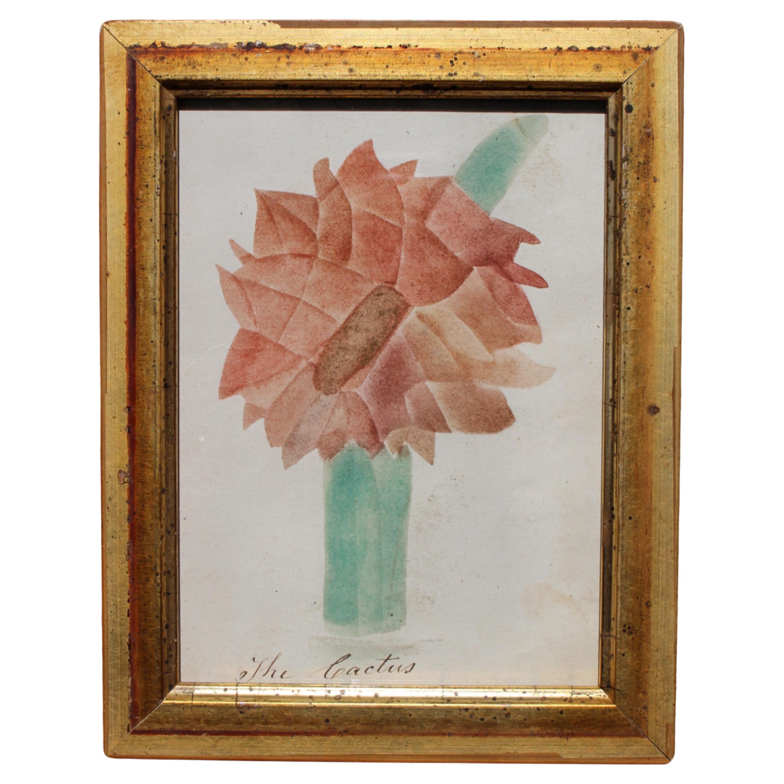 Pittura di scuola americana del 1840 circa, con teorema di un cactus e cornice in legno dorato, arte popolare