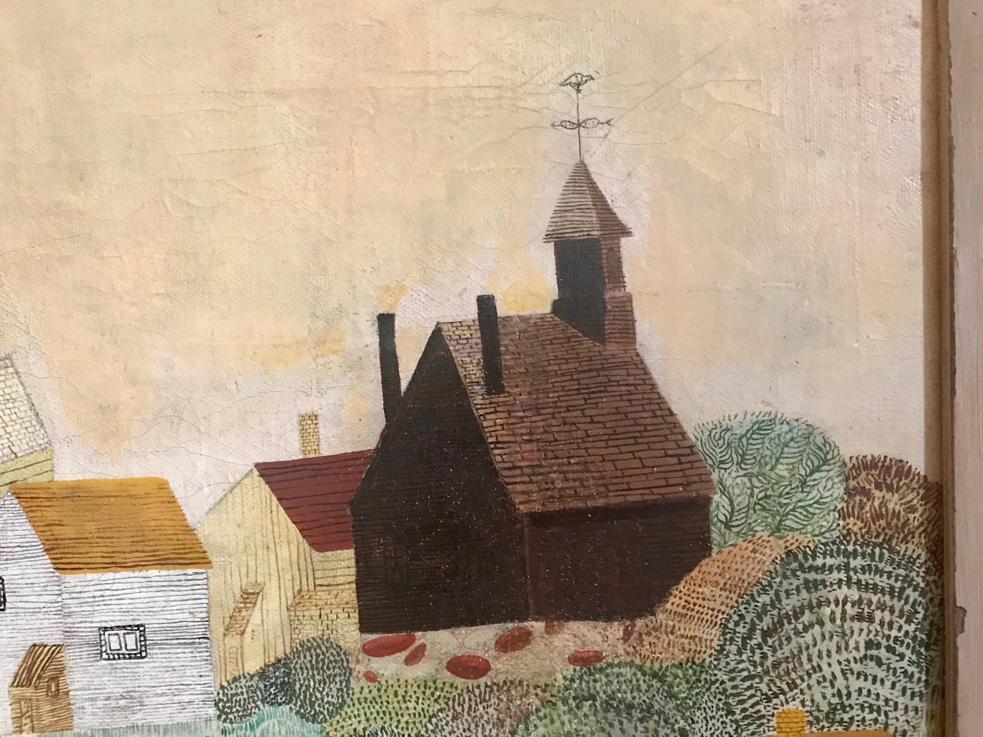 American School Early 20th Century New England Landscape Folk Art Painting In Good Condition In Vero Beach, FL