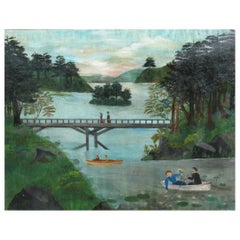 American School Folk Art Painting 19th Century Evening at the Lake