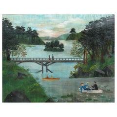 American School Folk Art Painting 19th Century Evening at the Lake  