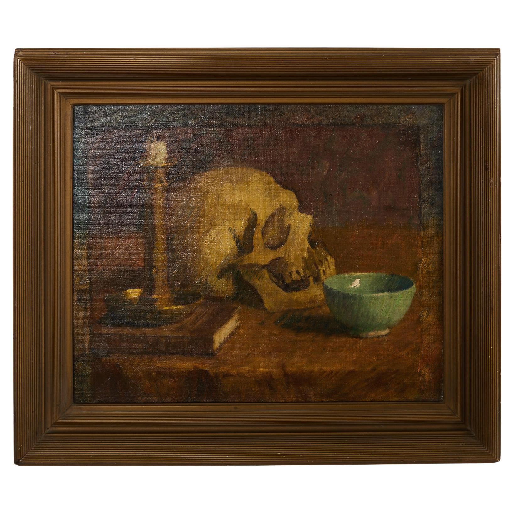 American School Memento Vanitas Still Life Canvas Painting