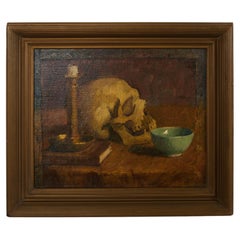 Antique American School Memento Vanitas Still Life Canvas Painting