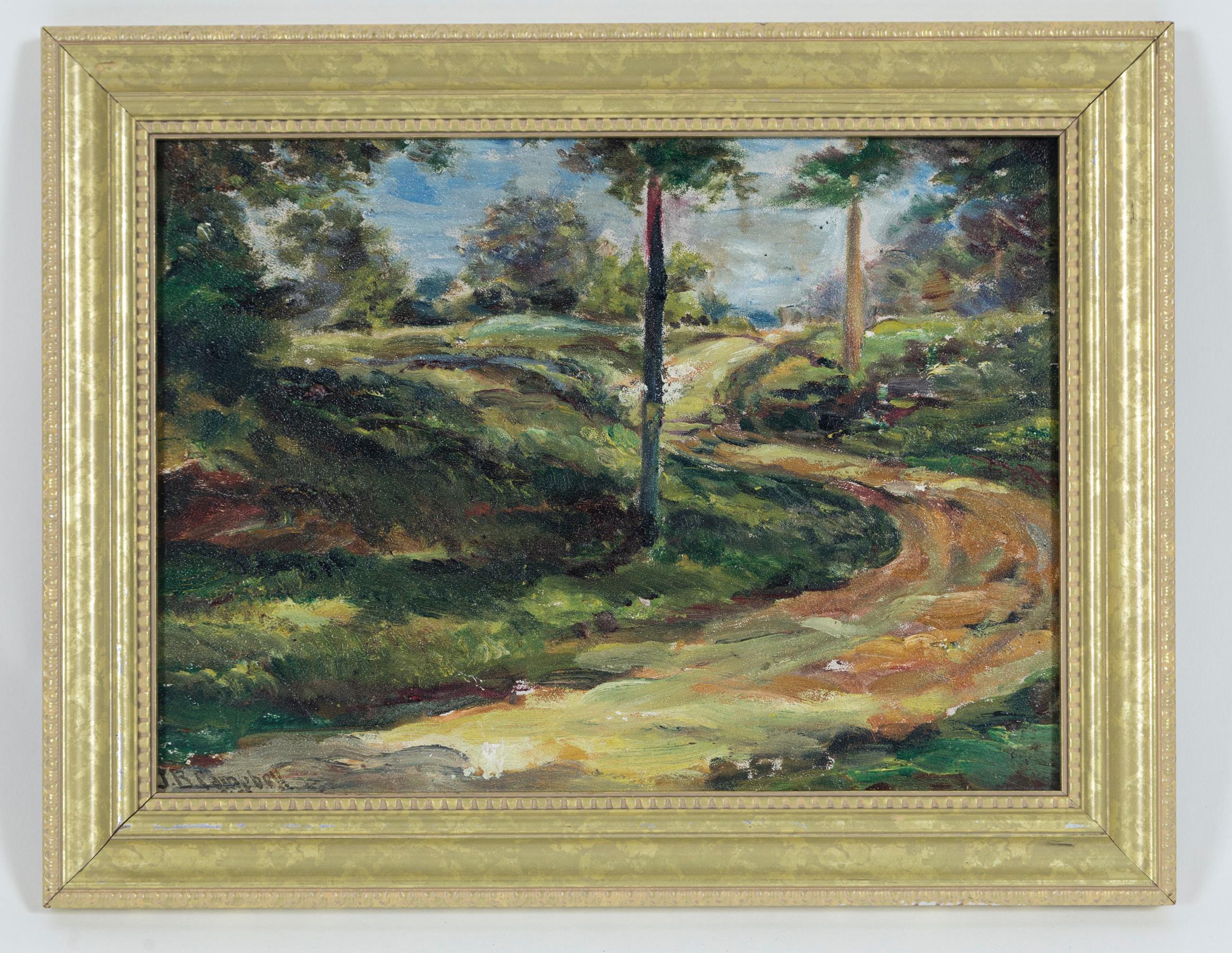 American School oil on board landscape painting, 19th century. A charming impressionist woodland landscape. Signature on lower left reads J.B. Campbell.
Label on back from F. W. Devoe, Artists Supplies, New York City.