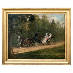 Antique American School Oil On Canvas Laid On Board, "Ladies In A Carriage Saluted"