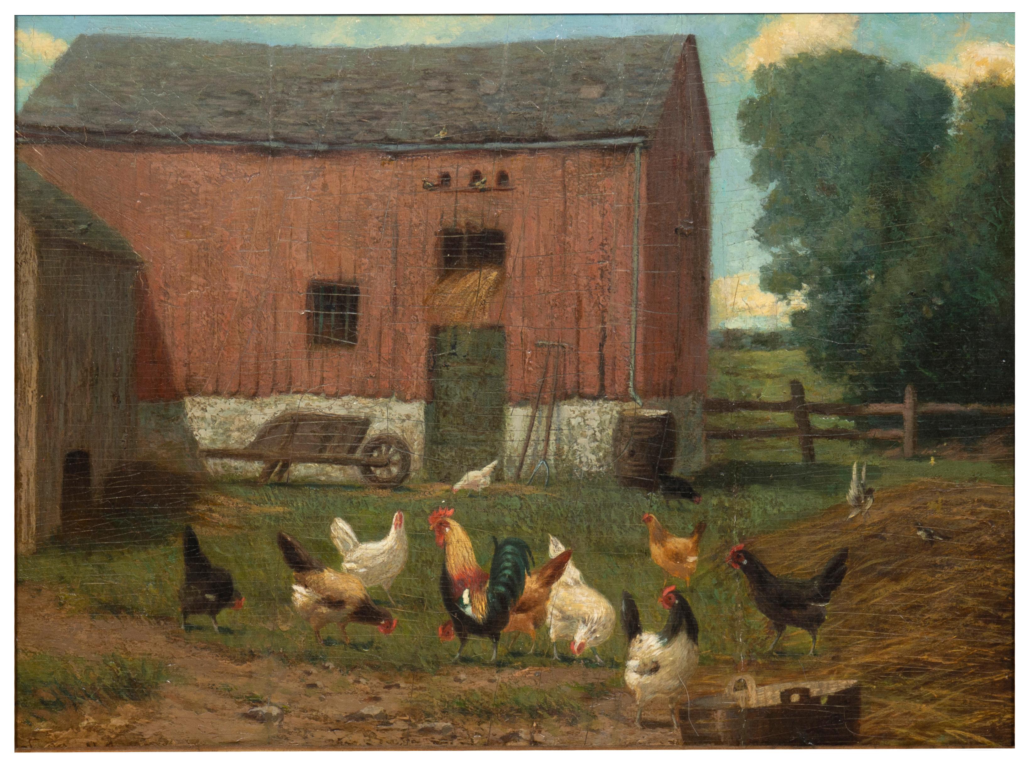 Image 14.5 x 11.5. Pleasantly painted farm scene with chickens and barn in a landscape. In a beautifully carved wood and gilt frame.