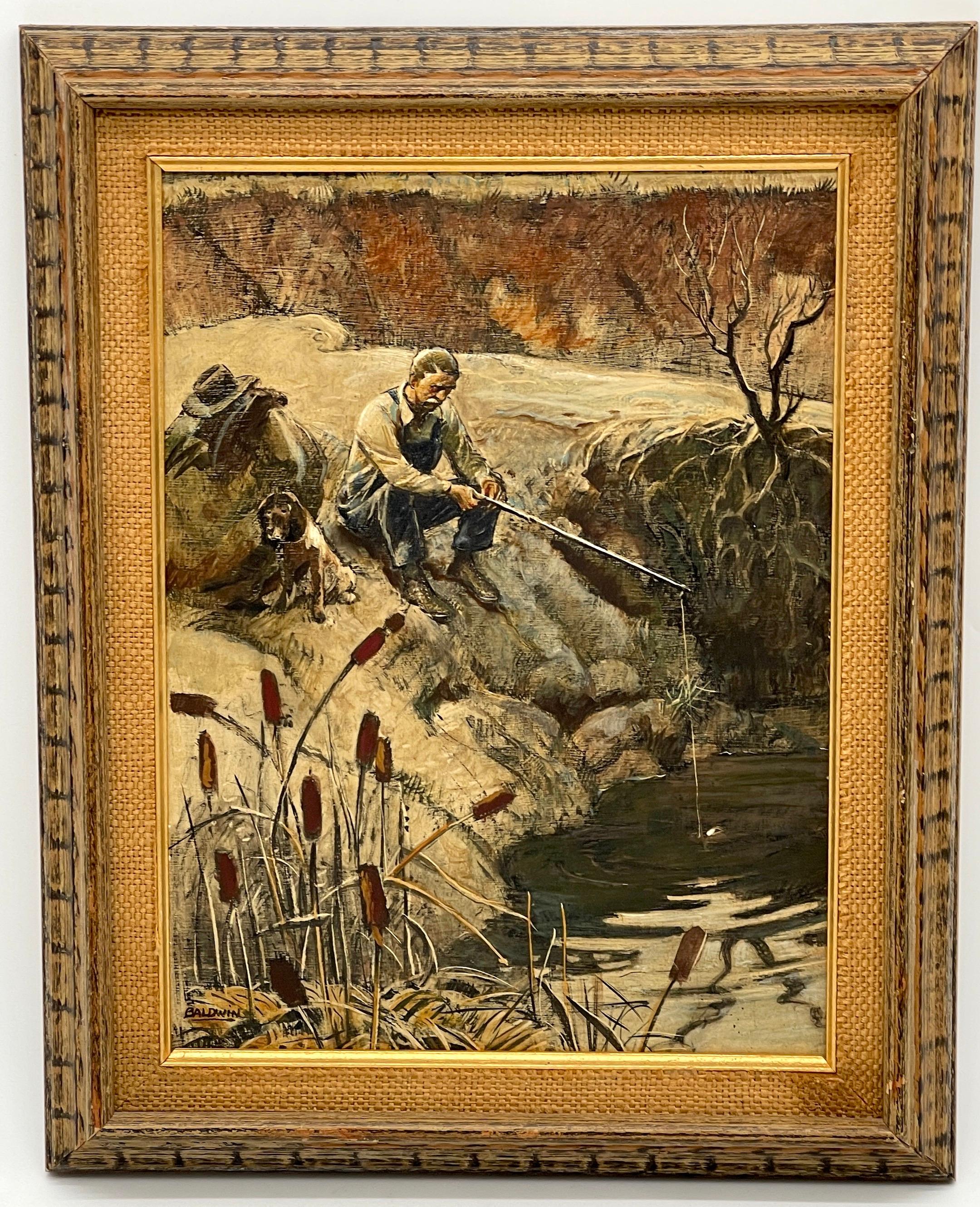 American School Oil Painting - Fishing Landscape with Seated Old Man, Dog, and Fishing Pole at the Pond, Signed 'Baldwin'
Artist Board 10.5  x 13.5 Inches 
Framed 12-inches x 15-inches 

Immerse yourself in the tranquility of this captivating