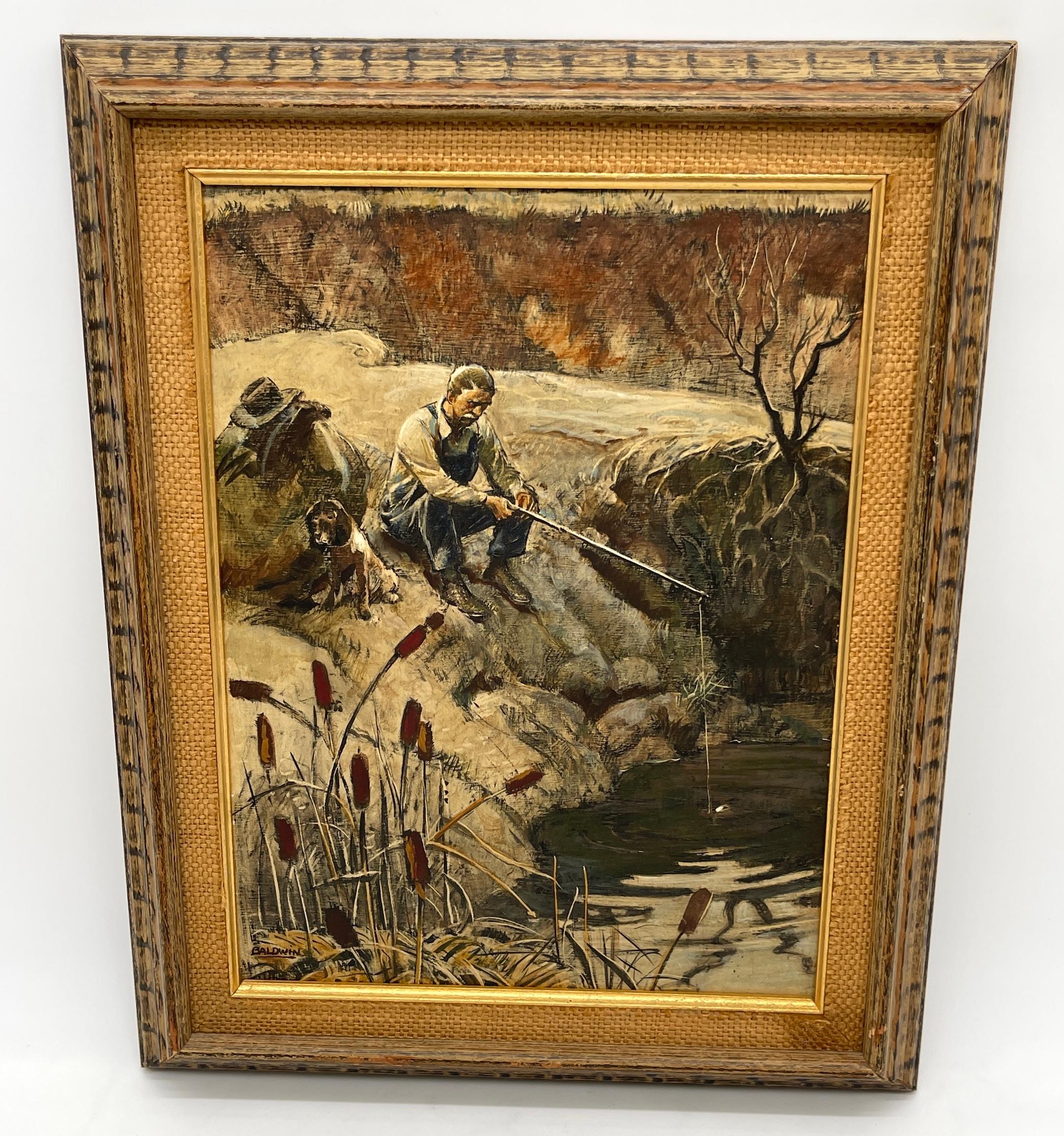Carved American School Oil Painting Fishing Landscape Signed Baldwin  For Sale