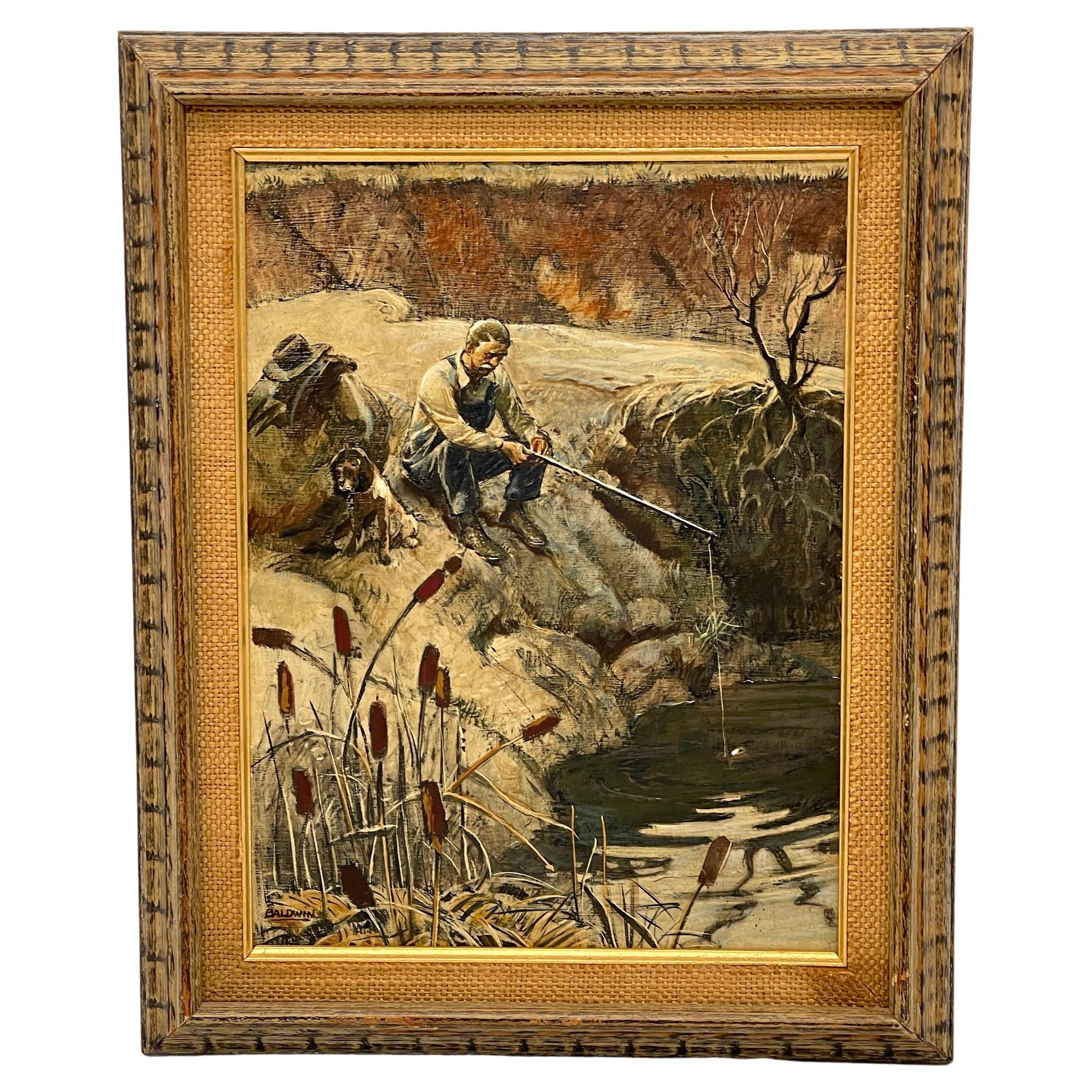 American School Oil Painting Fishing Landscape Signed Baldwin  For Sale