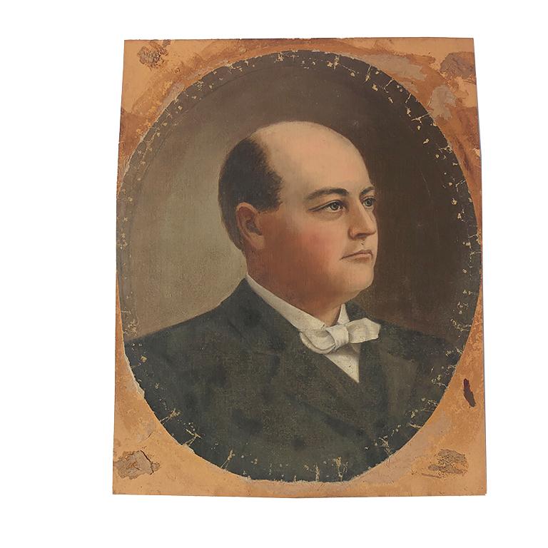 Original oil portrait painting of a man in giltwood hand-carved frame. The painting features a man with balding hair, a black suit or jacket, and a white tie. Beautiful painting and painter is very precise with lots of detail. 

Canvas is affixed to
