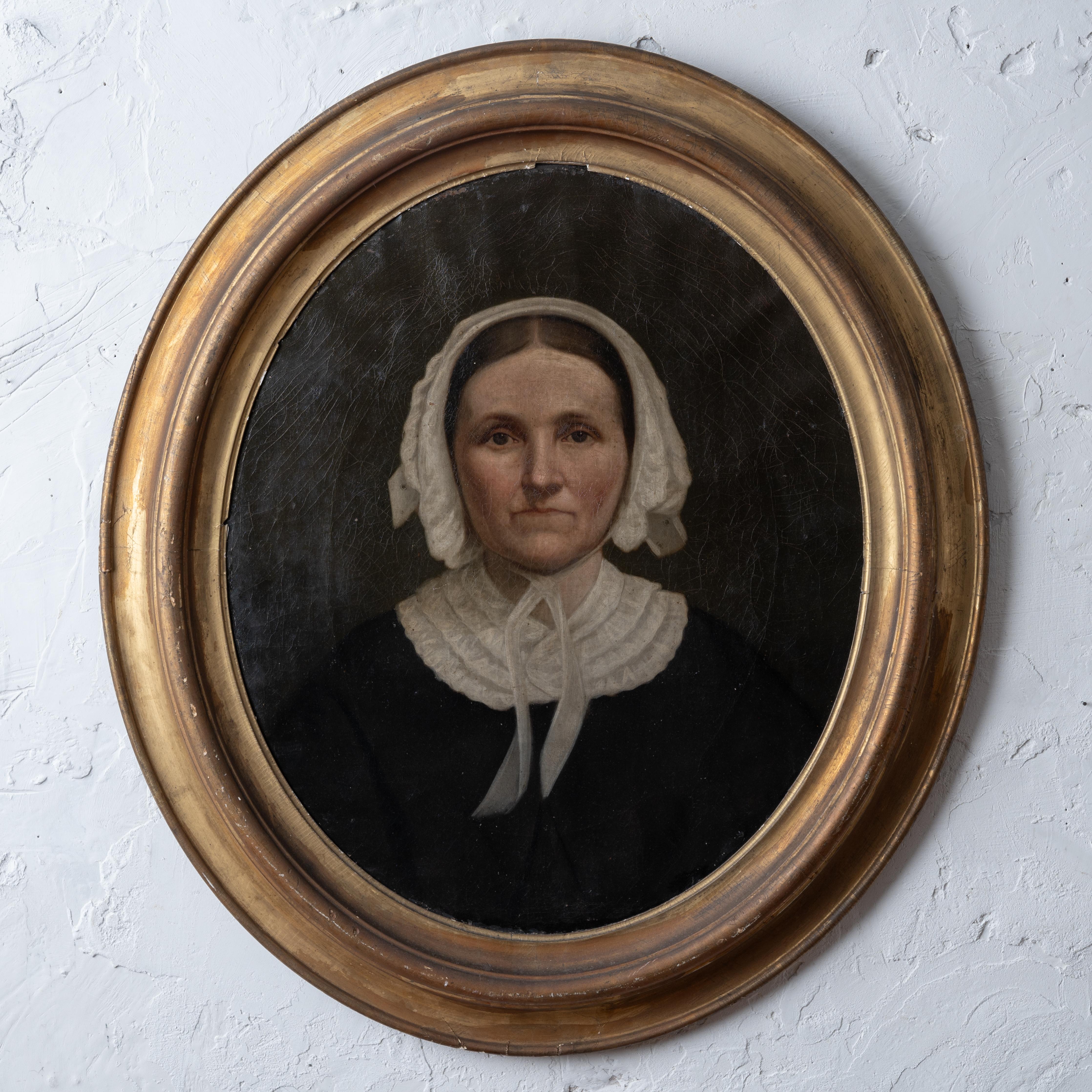 An American school oval portrait painting of a lady, mid-19th century.

canvas: 20 ¼ inches wide by 24 inches tall

frame: 27 ½ inches wide by 31 ½ inches tall by 1 ½ inches deep



