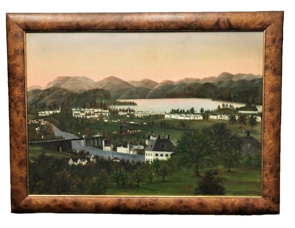 Artist: Unknown.
Painting: Rural Hilly Landscape with Lake and Railroad.
Period: XIX century.
Style: American School, Primitivism.
Medium: Oil on canvas, framed.
Dimensions: H: 24” x W: 34”
Signature: Unsigned.
Condition: Excellent antique