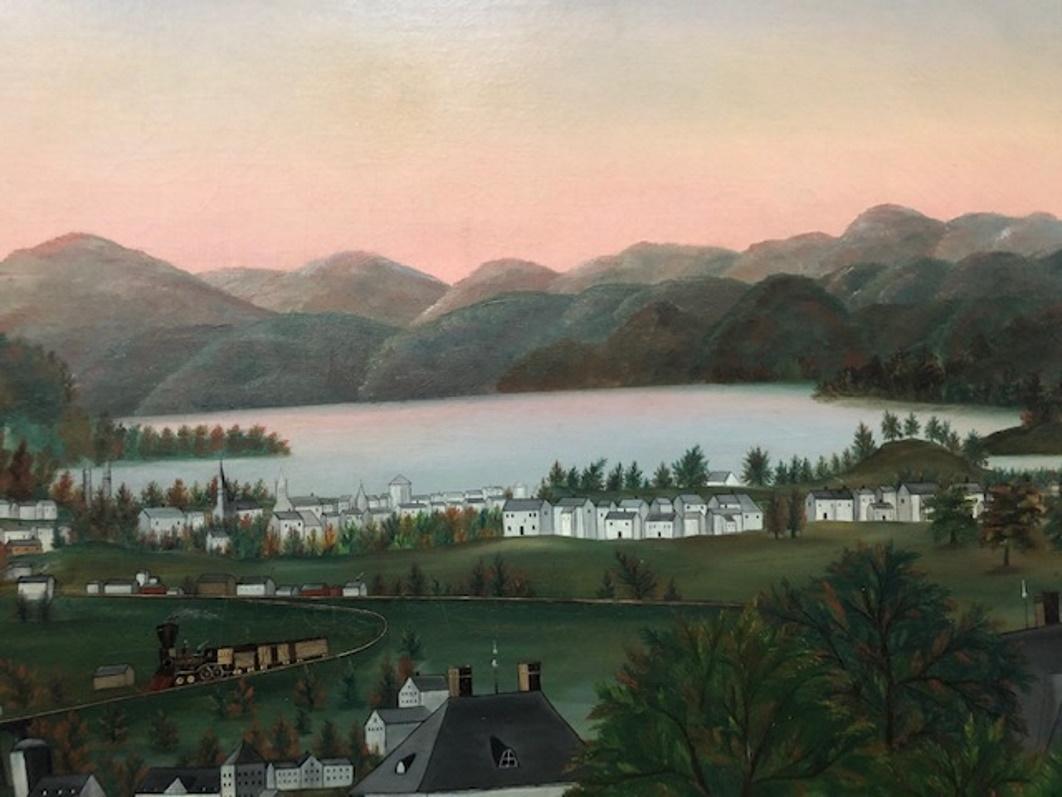 Painted American School, Rural Hilly Landscape w/ Lake and Railway O/C Painting, 19 C For Sale