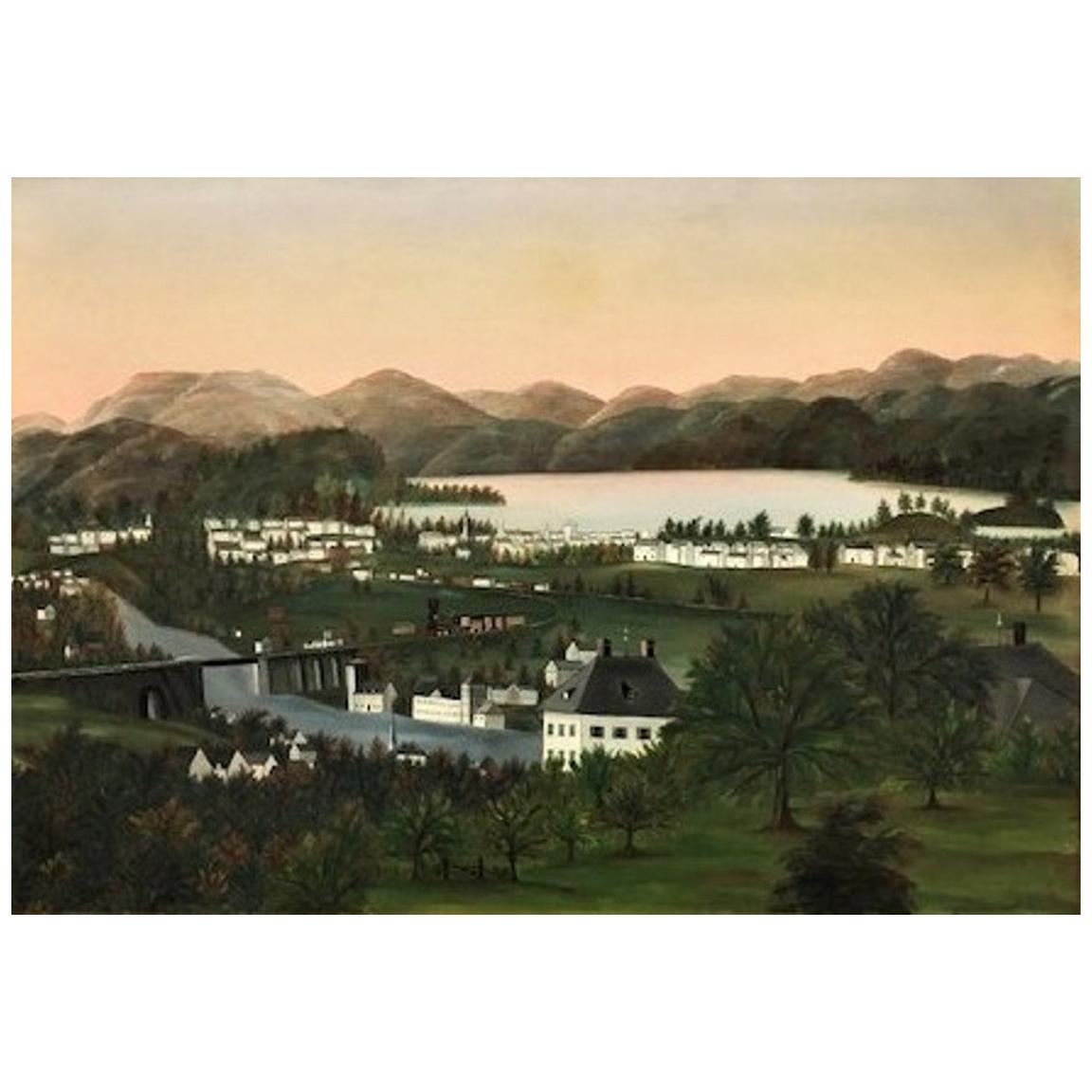 American School, Rural Hilly Landscape w/ Lake and Railway O/C Painting, 19 C