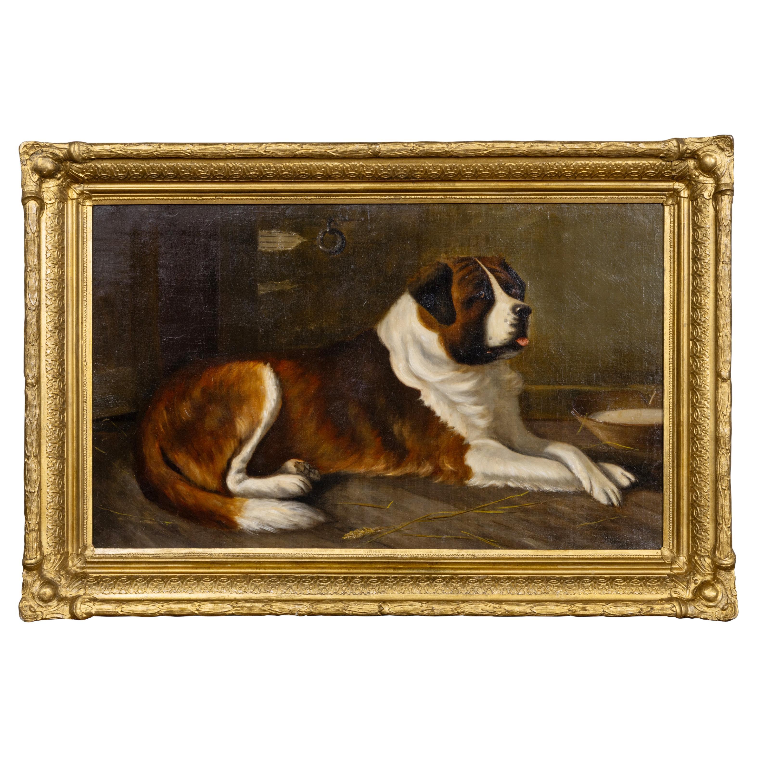 Portrait de chien saint-bernard de l'école américaine dans un cadre en bois doré, vers 1880