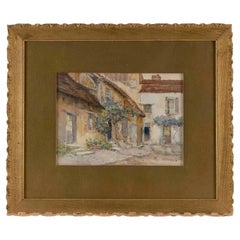 American School Village Scene, Watercolor on Paper, Framed