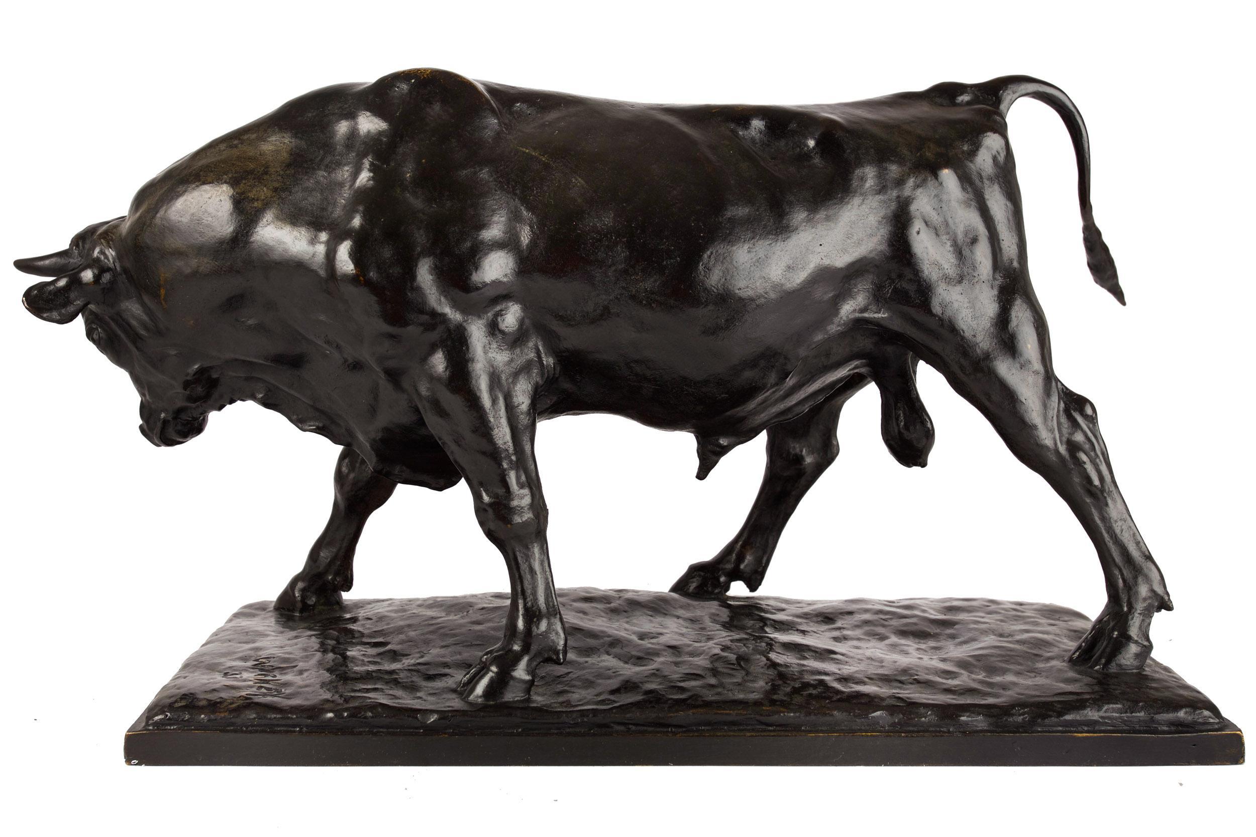 A very fine cast of Sulking Bull executed in 1937 by the Roman Bronze Works foundry in New York for Harry Wickey, it is an exceedingly rare model to show up on the open market. In 2001 the same model was offered at Christies situated over a small
