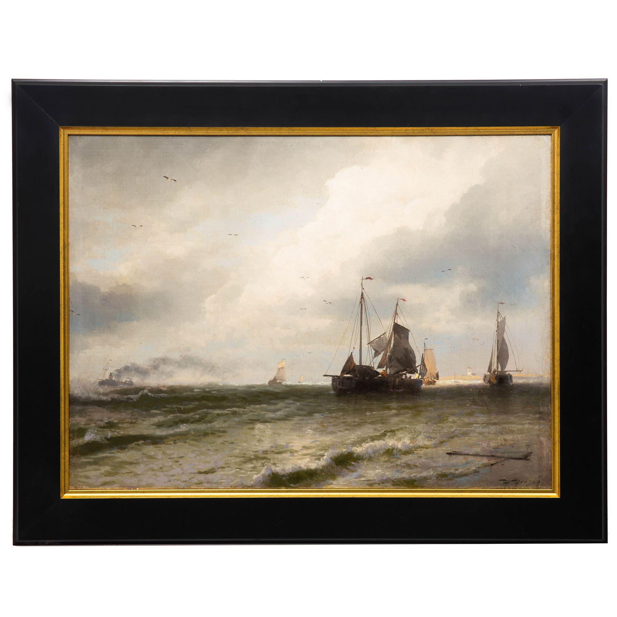 Romantic American Seascape Painting by Hermann Herzog of Fishing Boats For Sale