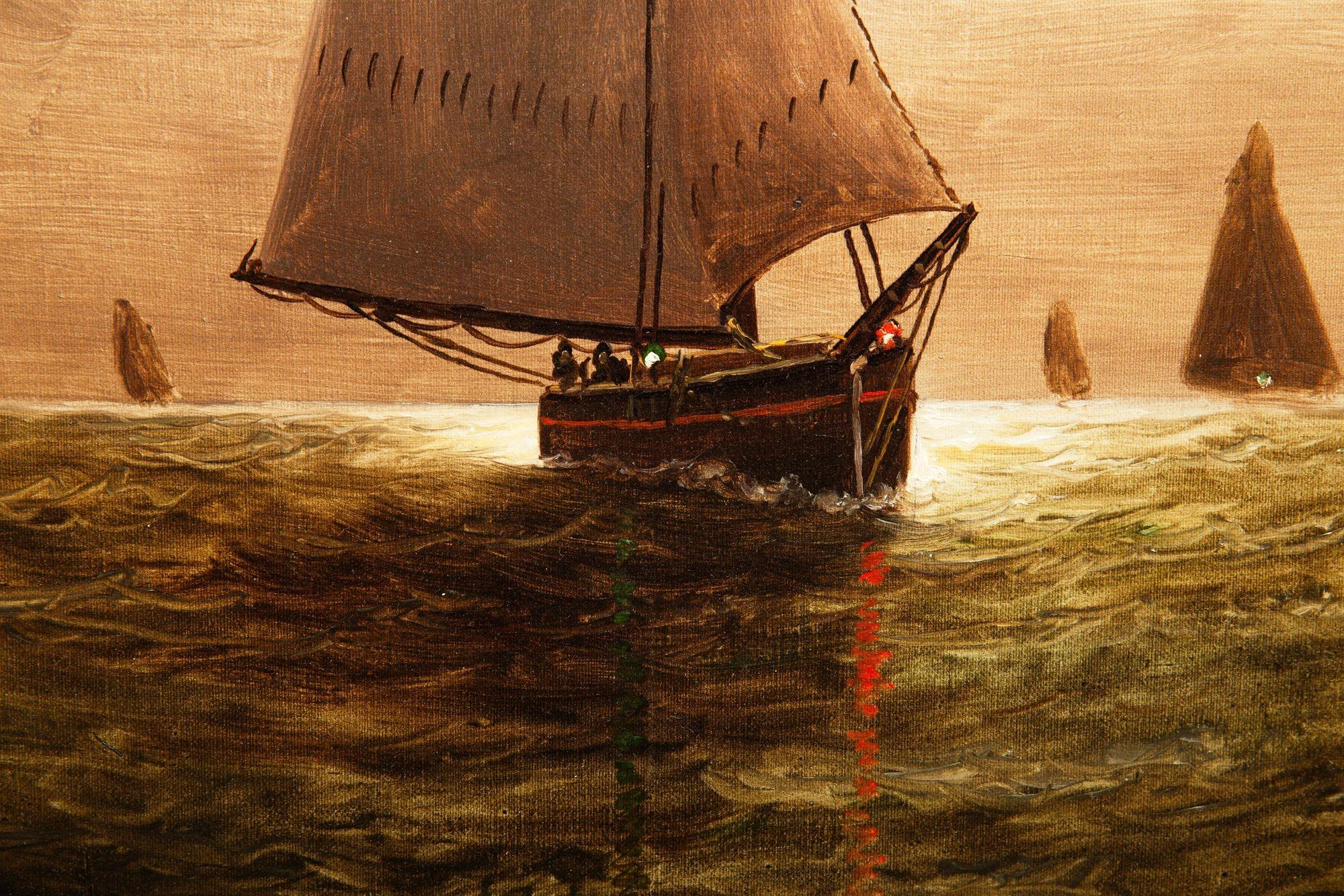 Amerikanische Seelandschaft Gemälde von Segeln im Mondlicht von Wesley Webber im Angebot 2