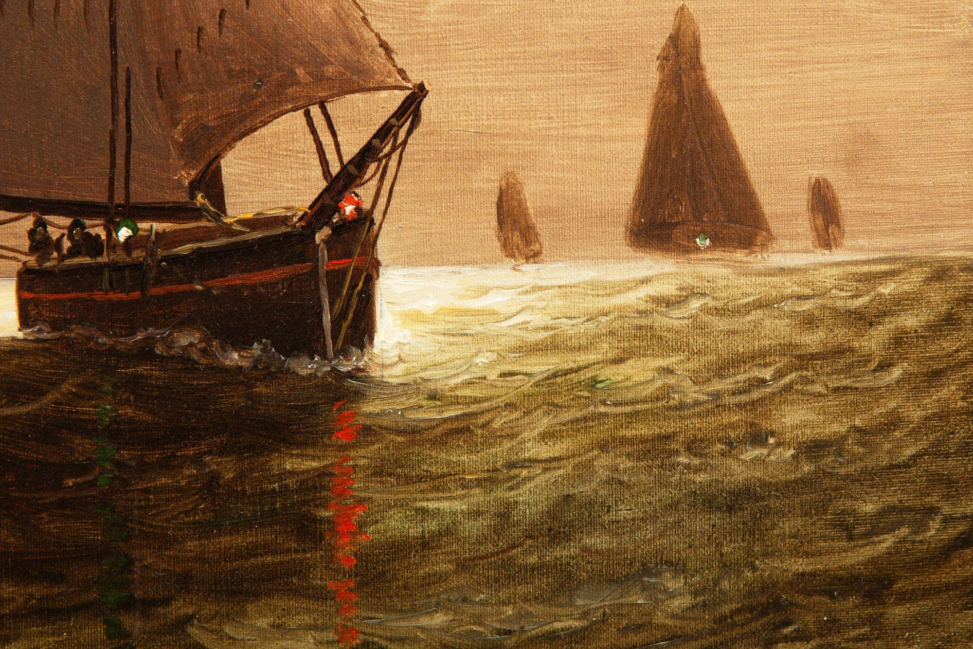 Amerikanische Seelandschaft Gemälde von Segeln im Mondlicht von Wesley Webber im Angebot 3