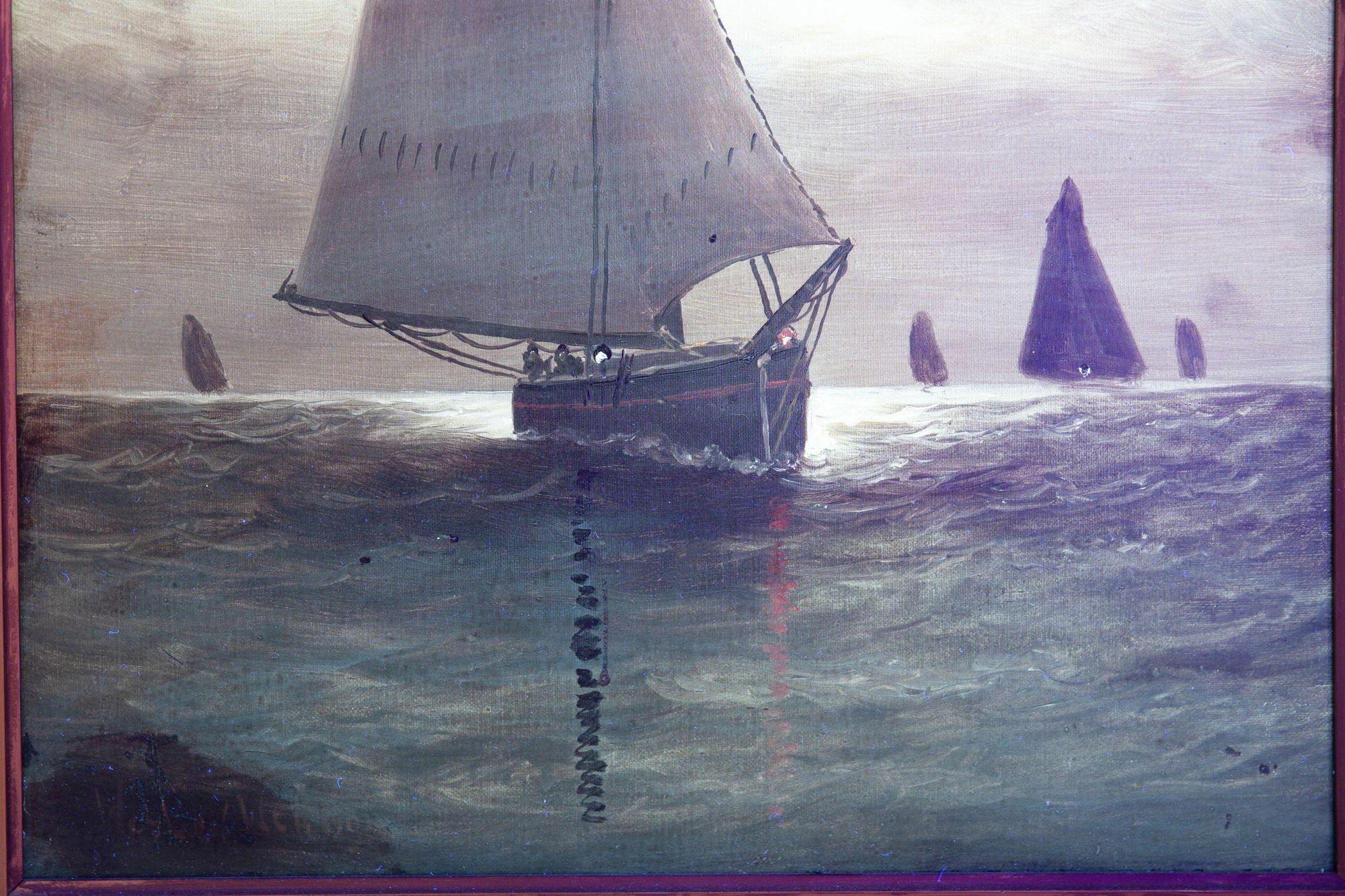 Amerikanische Seelandschaft Gemälde von Segeln im Mondlicht von Wesley Webber im Angebot 7