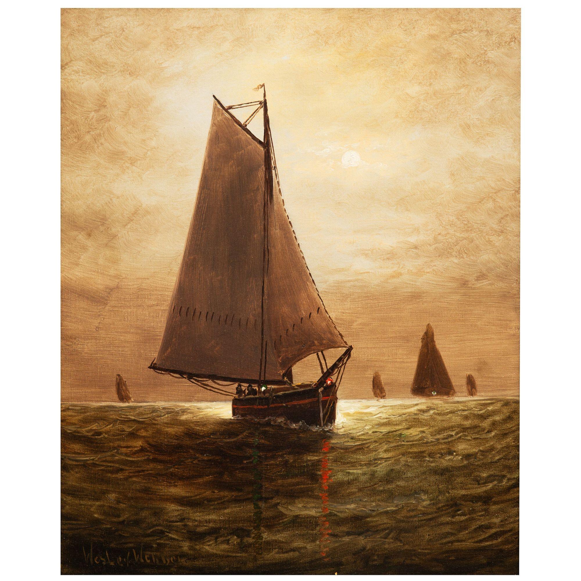 Amerikanische Seelandschaft Gemälde von Segeln im Mondlicht von Wesley Webber (Viktorianisch) im Angebot