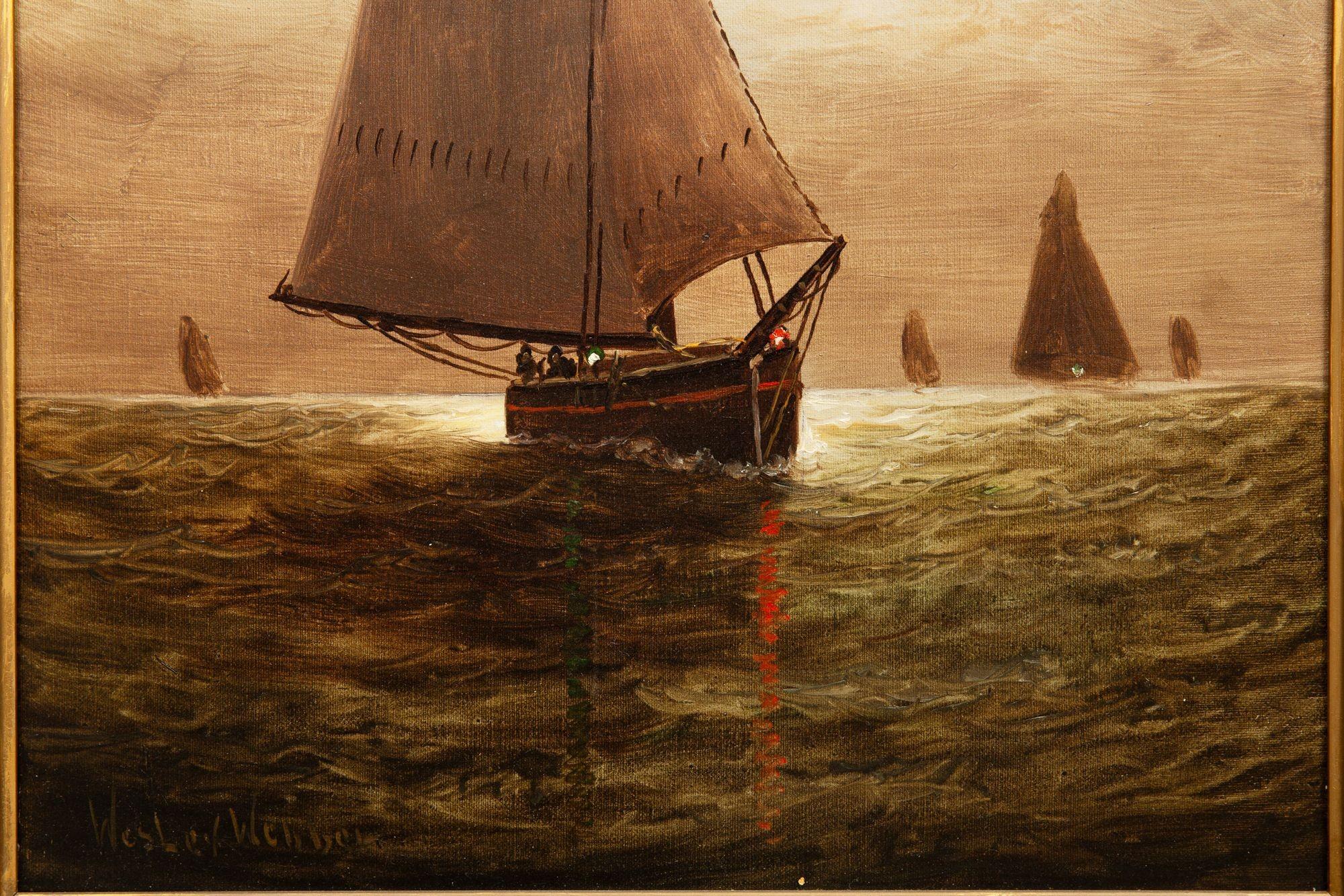 Amerikanische Seelandschaft Gemälde von Segeln im Mondlicht von Wesley Webber (Handbemalt) im Angebot
