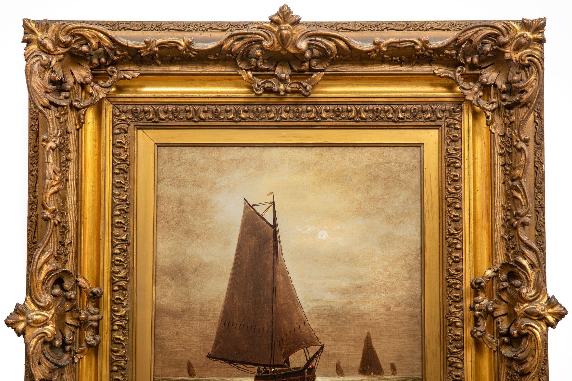 Amerikanische Seelandschaft Gemälde von Segeln im Mondlicht von Wesley Webber im Zustand „Gut“ im Angebot in Shippensburg, PA