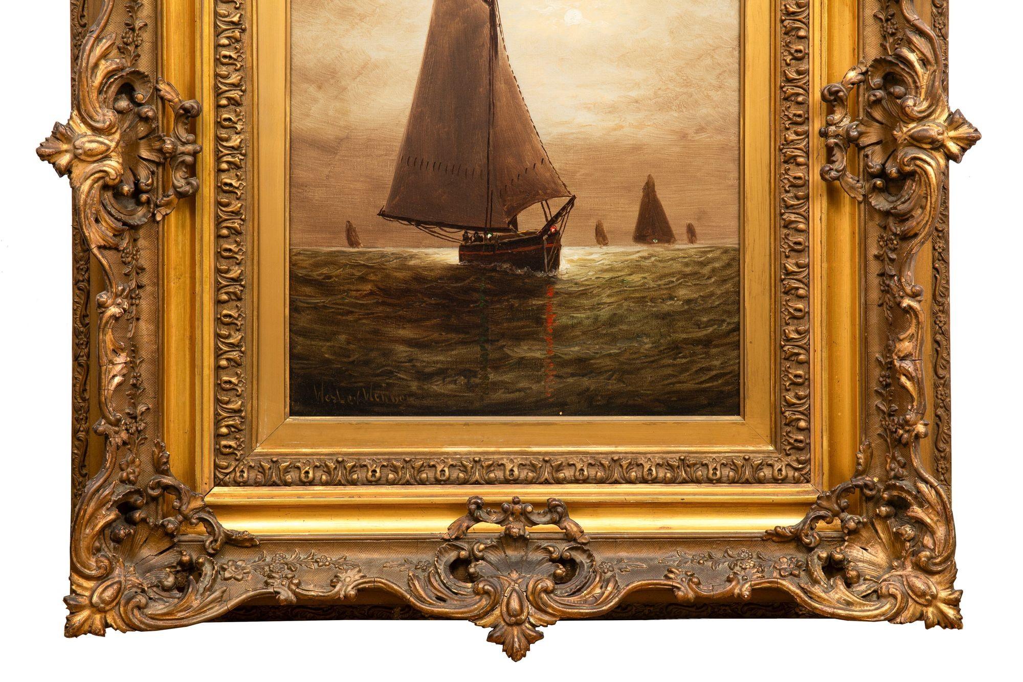 Amerikanische Seelandschaft Gemälde von Segeln im Mondlicht von Wesley Webber (19. Jahrhundert) im Angebot