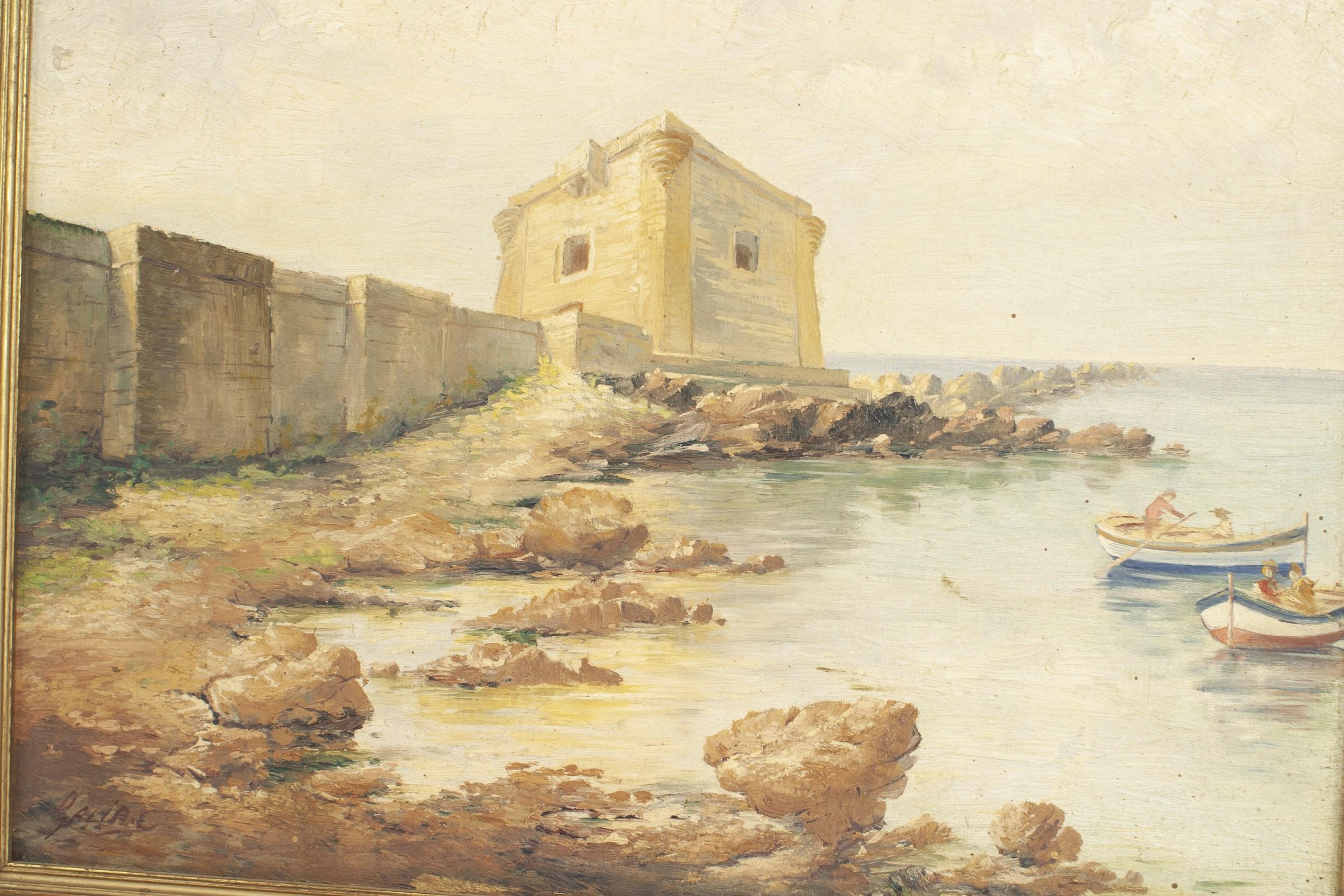 American (19th/20th  Cent) oil seascape/landscape painting of a fortress by the seaside with small boats in a rectangular gilt wood frame with carved detail