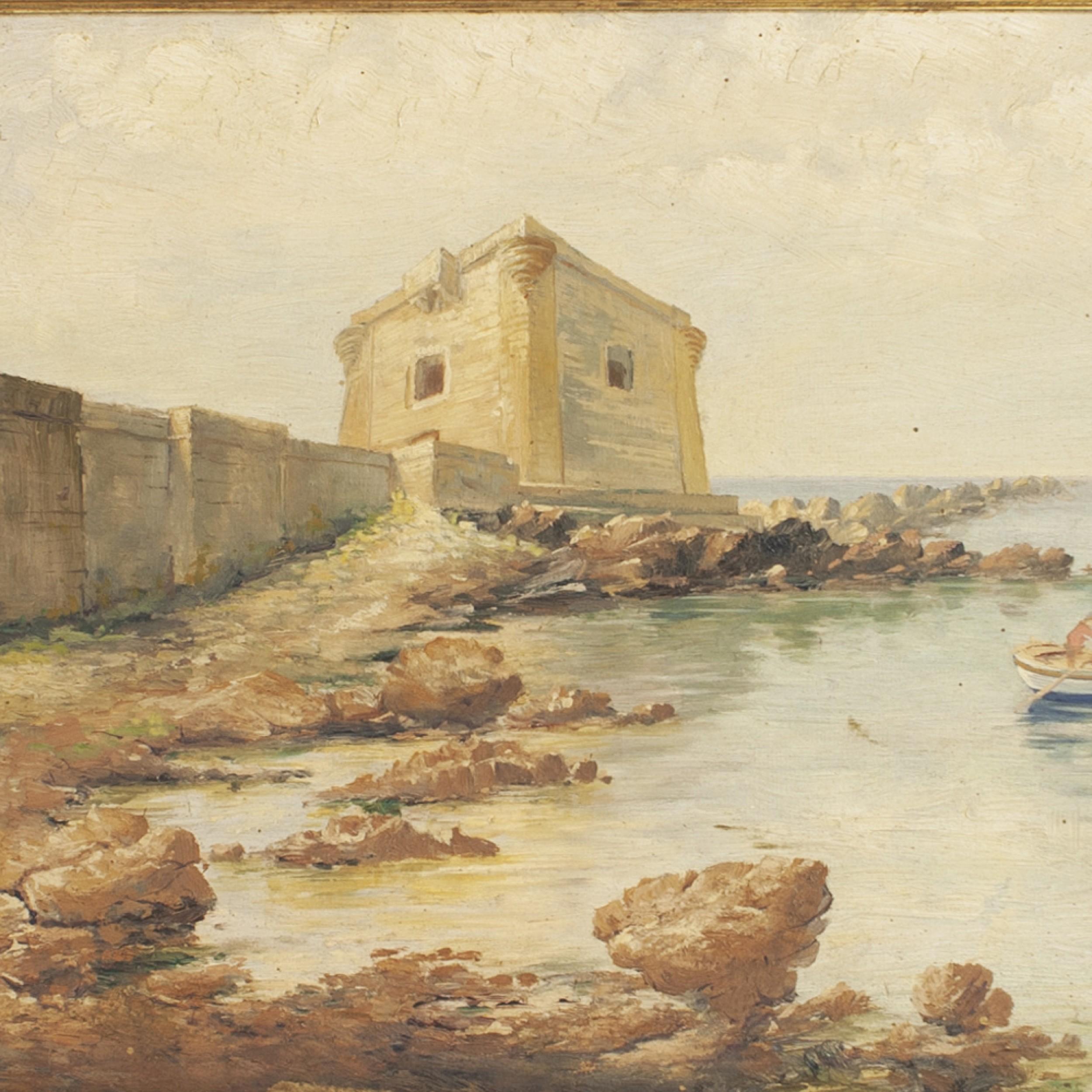 Hand-Carved American Seaside Fortress Painting For Sale
