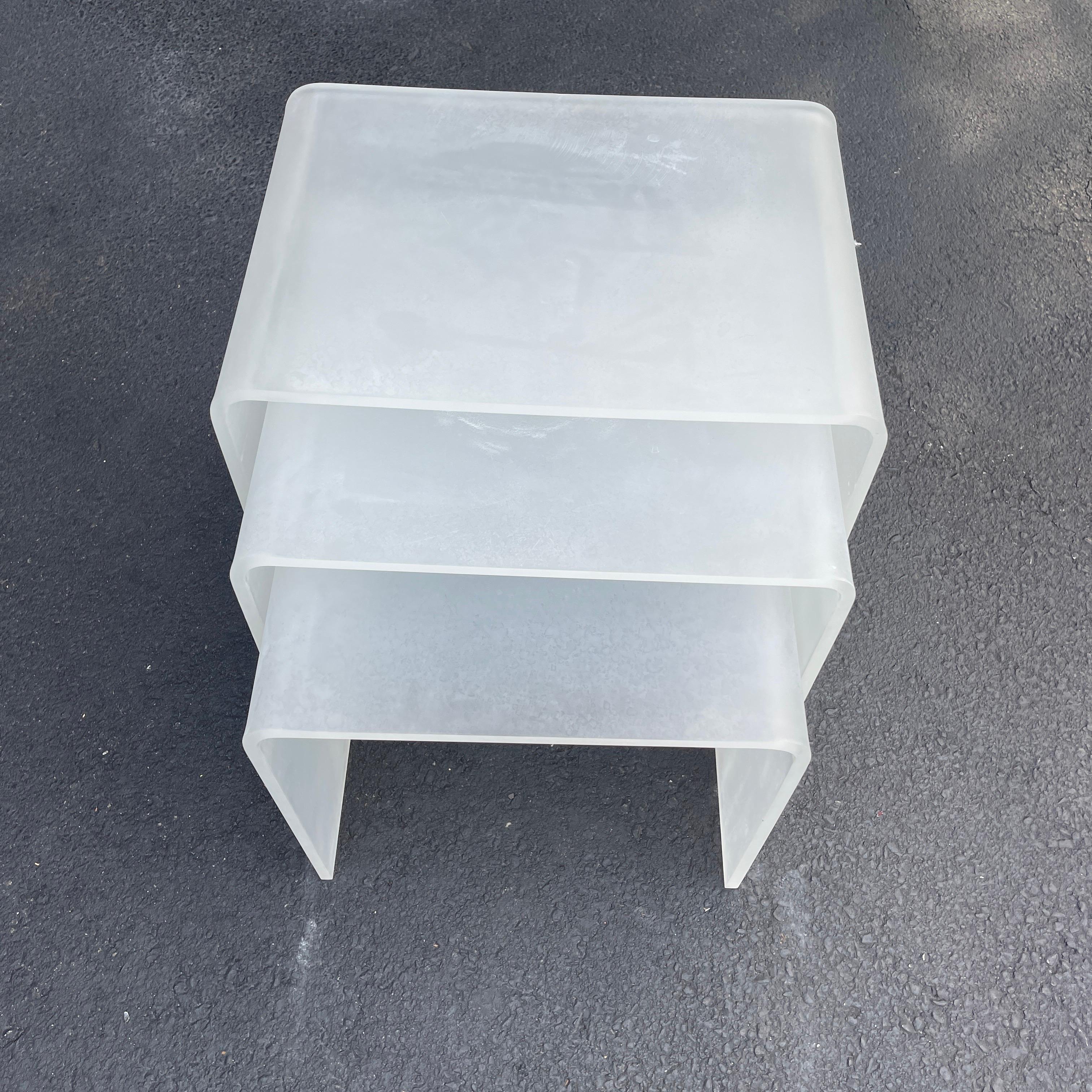20th Century American set of 3 Frosted Lucite Nesting Side Tables 