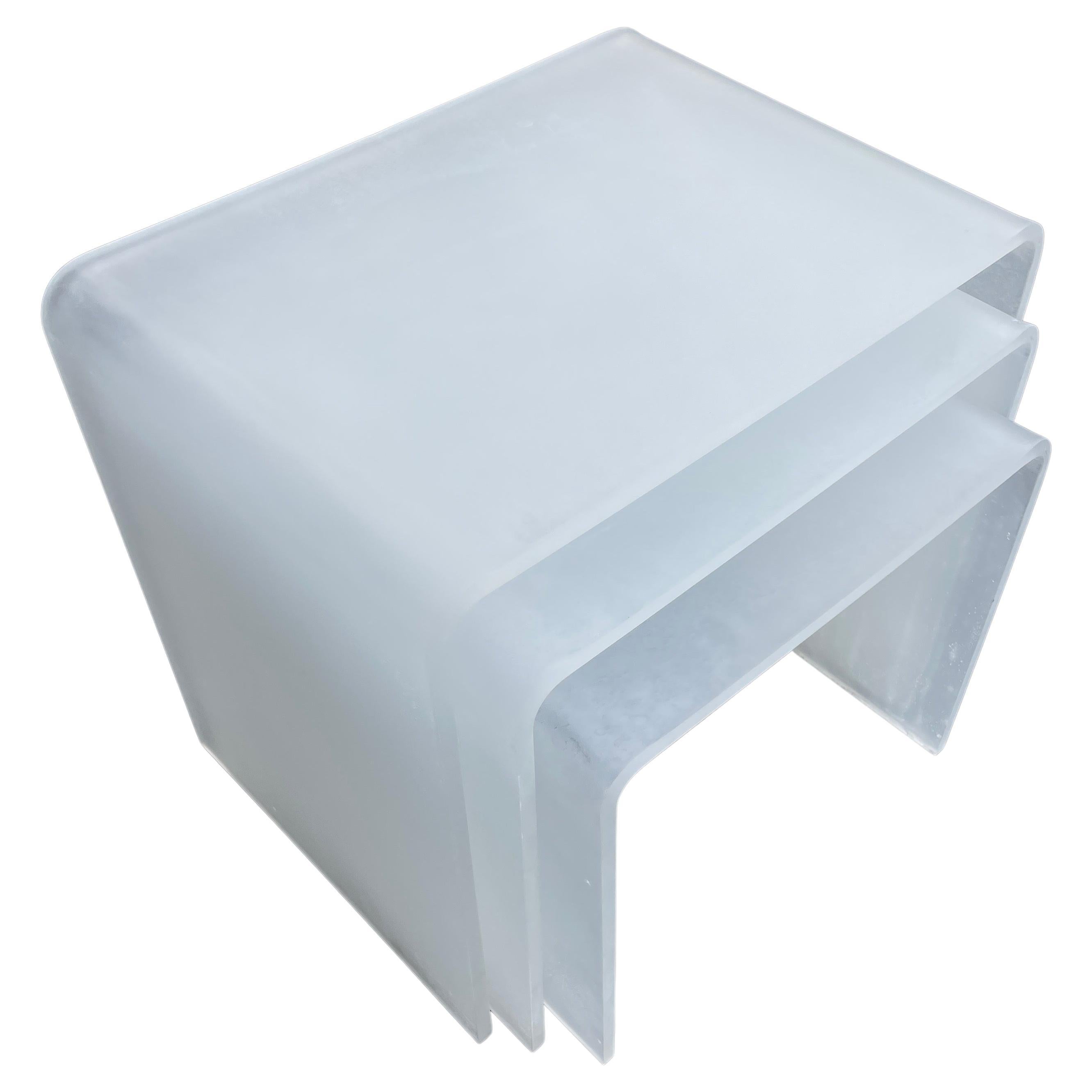 American set of 3 Frosted Lucite Nesting Side Tables  For Sale