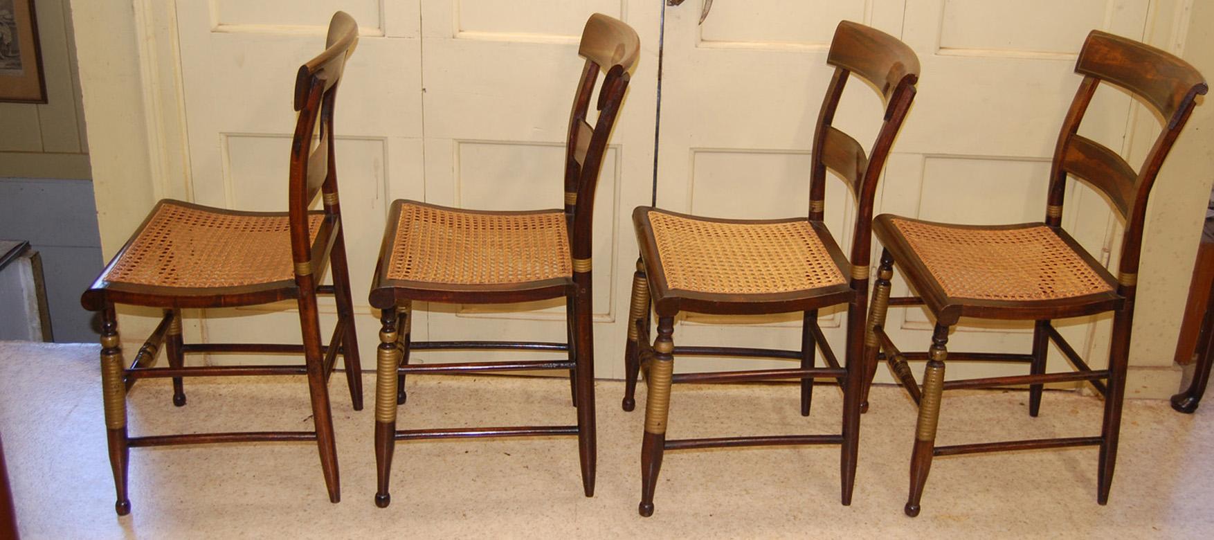 Country American Set of Four Mid 19th Century Grain Painted Hitchcock Chairs Caned Seats