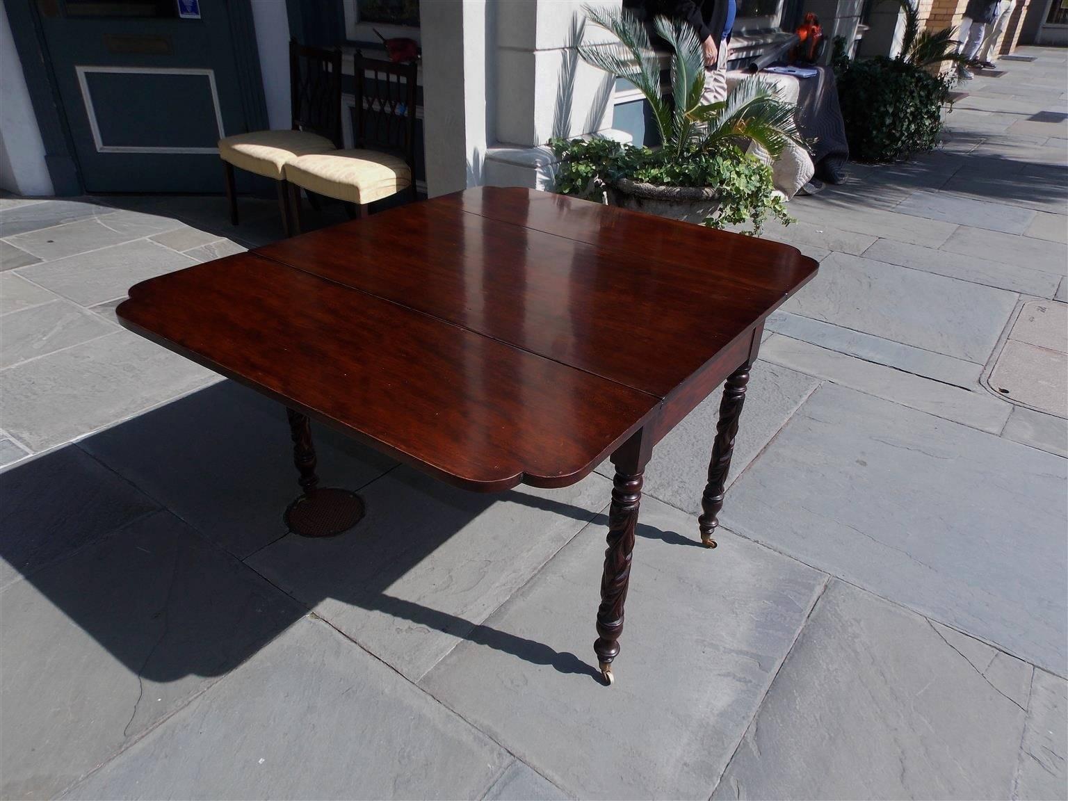 Early 19th Century American Sheraton Cherry Acanthus Carved Drop-Leaf Table on Casters, Circa 1820 For Sale