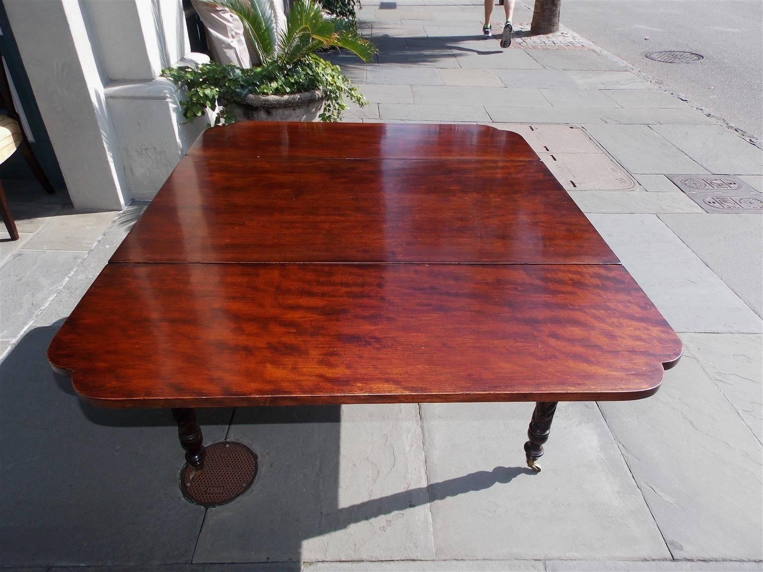 Brass American Sheraton Cherry Acanthus Carved Drop-Leaf Table on Casters, Circa 1820 For Sale