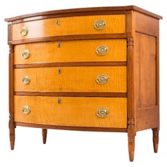 Antique American Sheraton Cherry and Curly Maple Four Drawer Bow Front Chest, 1815