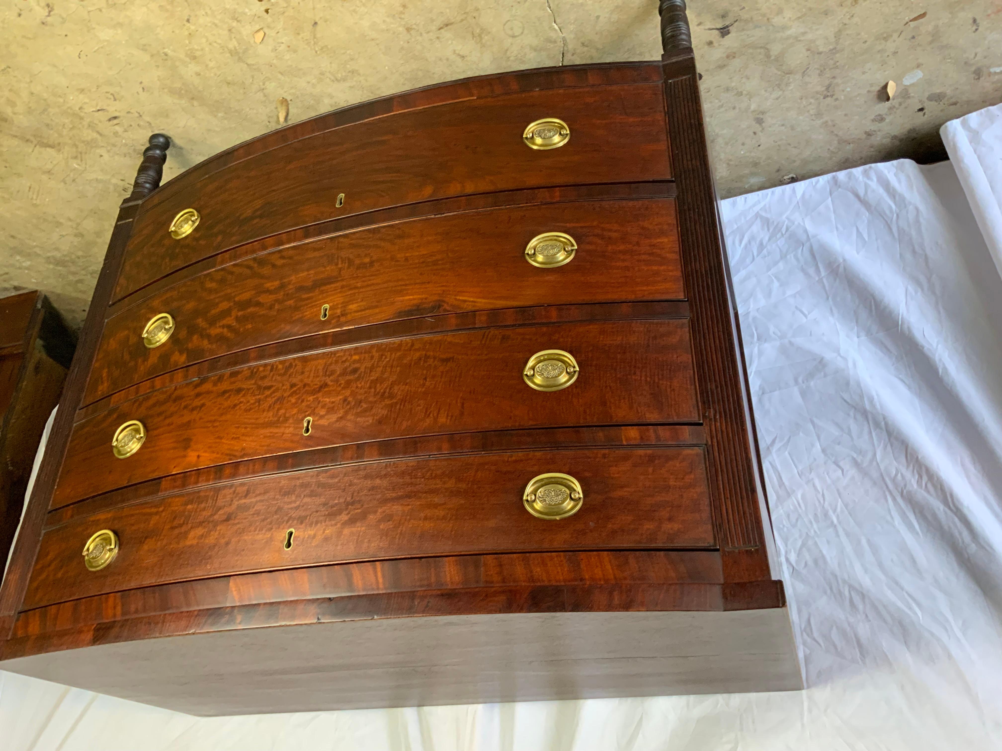 A very pretty 19th century American Sheraton Mahogany chest of drawers.  Old refinish in very good condition with all drawers gliding smoothly in the case. Replaced older drawer hardware.  Cock beaded drawers surrounded by nicely figured Mahogany
