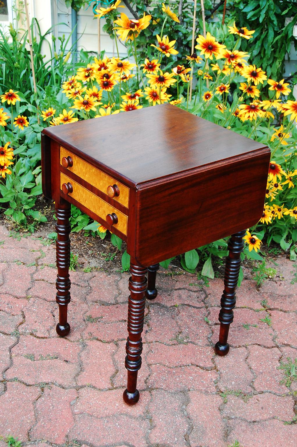 American Sheraton Dropleaf Two Drawer Mahogany and Birdseye Maple Work Table For Sale 4