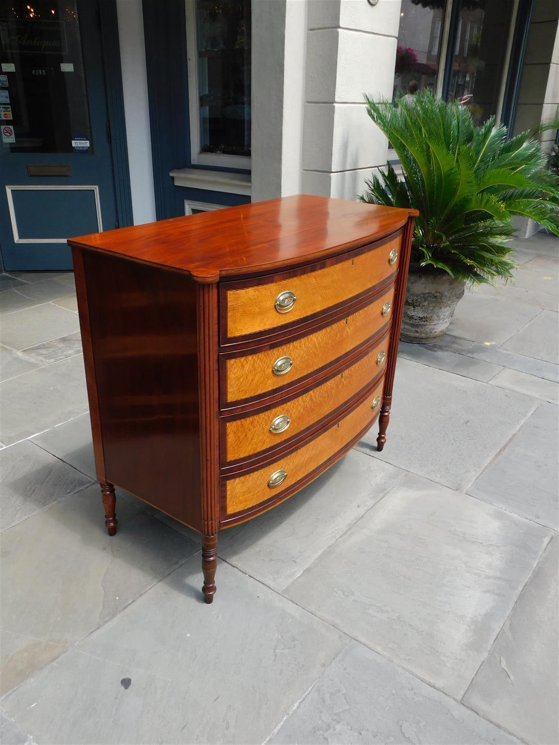 Hand-Carved American Sheraton Mahogany and Birdseye Maple Graduated Chest of Drawers C. 1810