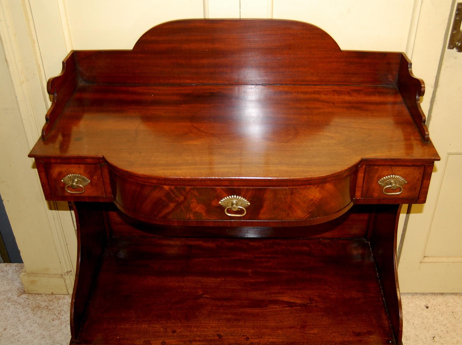 19th Century American Sheraton Mahogany Bowfront Two Tier Side Table with Drawers and Gallery