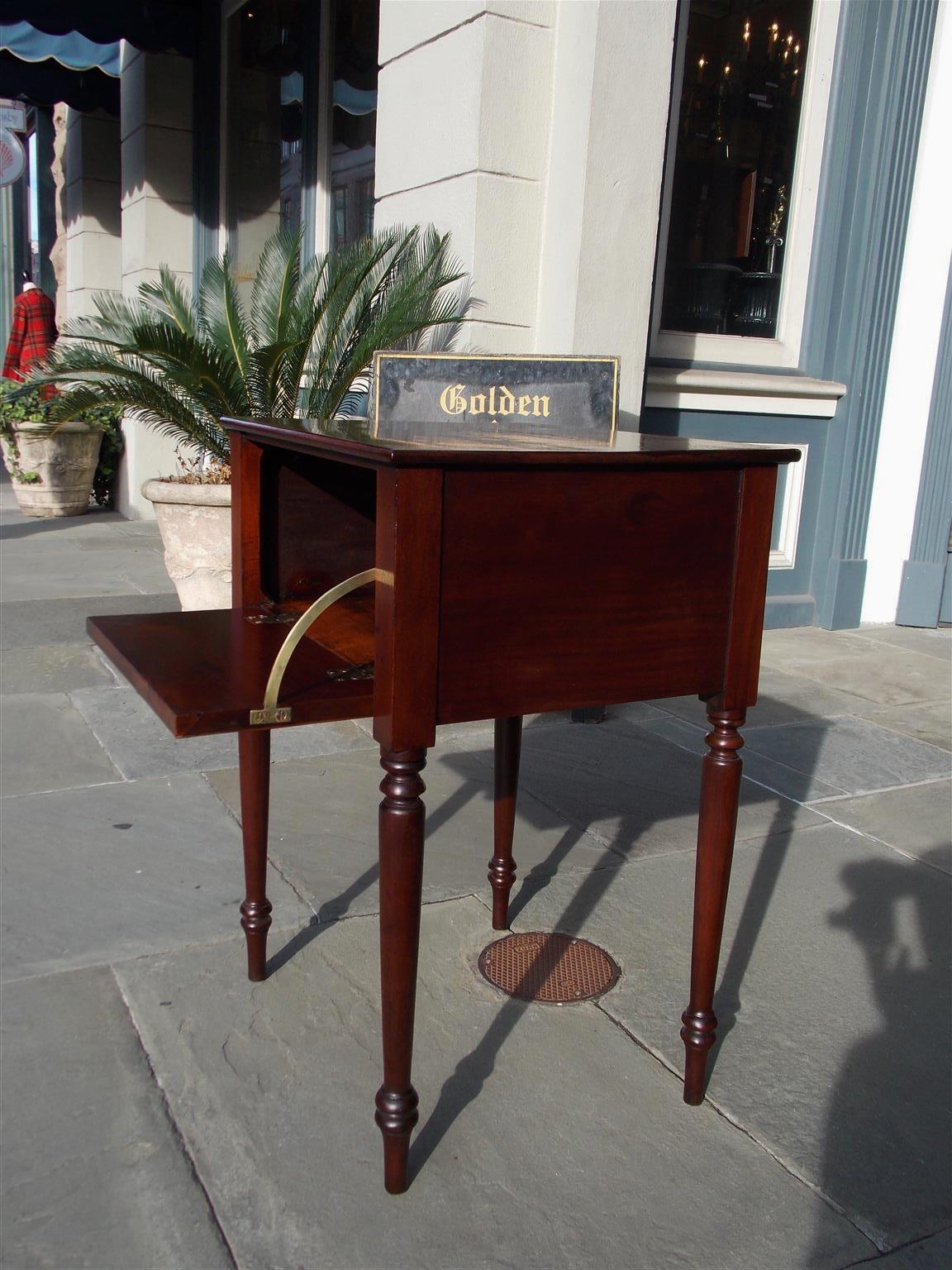 Brass American Sheraton Mahogany Hinged Side Table with Turned Bulbous Legs, C. 1820 For Sale