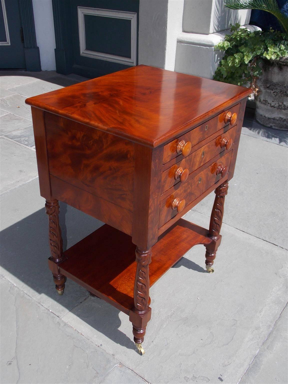 Hand-Carved American Sheraton Mahogany Three-Drawer Acanthus Carved Side Table, Circa 1820