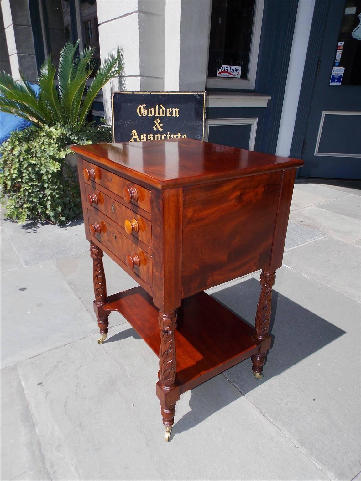 American Sheraton Mahogany Three-Drawer Acanthus Carved Side Table, Circa 1820 In Excellent Condition In Hollywood, SC